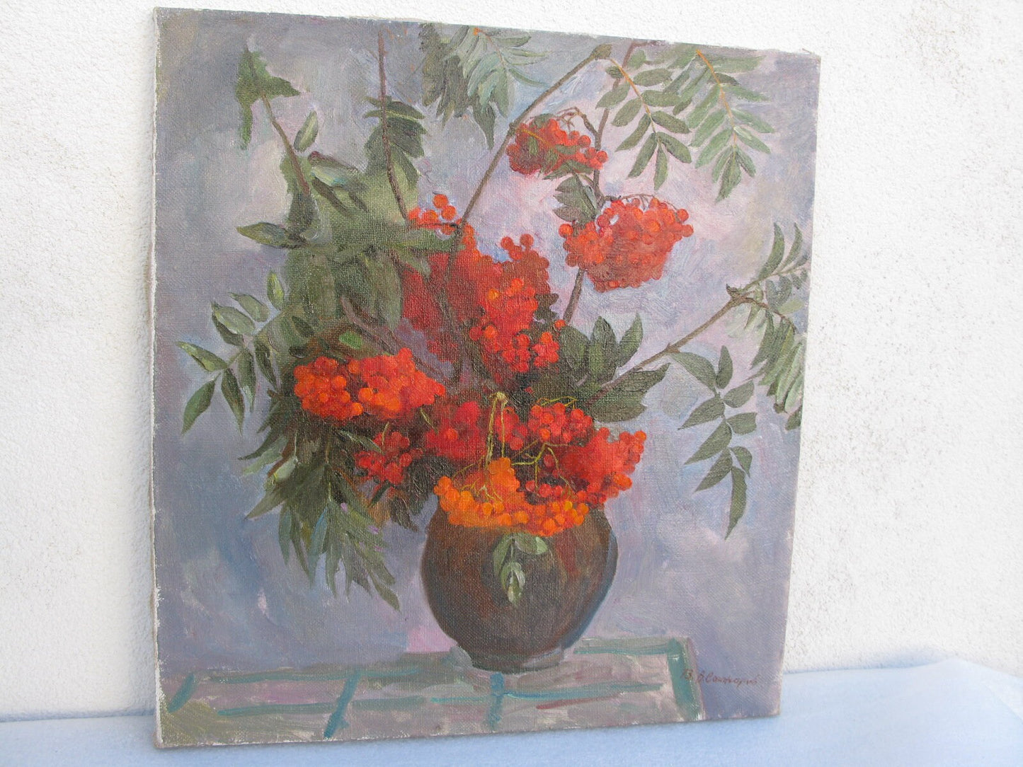 VINTAGE ORIGINAL PAINTING, oil painting, vintage realism, modern painting, impressionism, still life, Rowan, artist V. Sanzharov