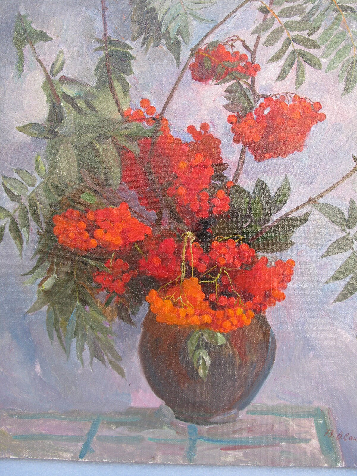 VINTAGE ORIGINAL PAINTING, oil painting, vintage realism, modern painting, impressionism, still life, Rowan, artist V. Sanzharov