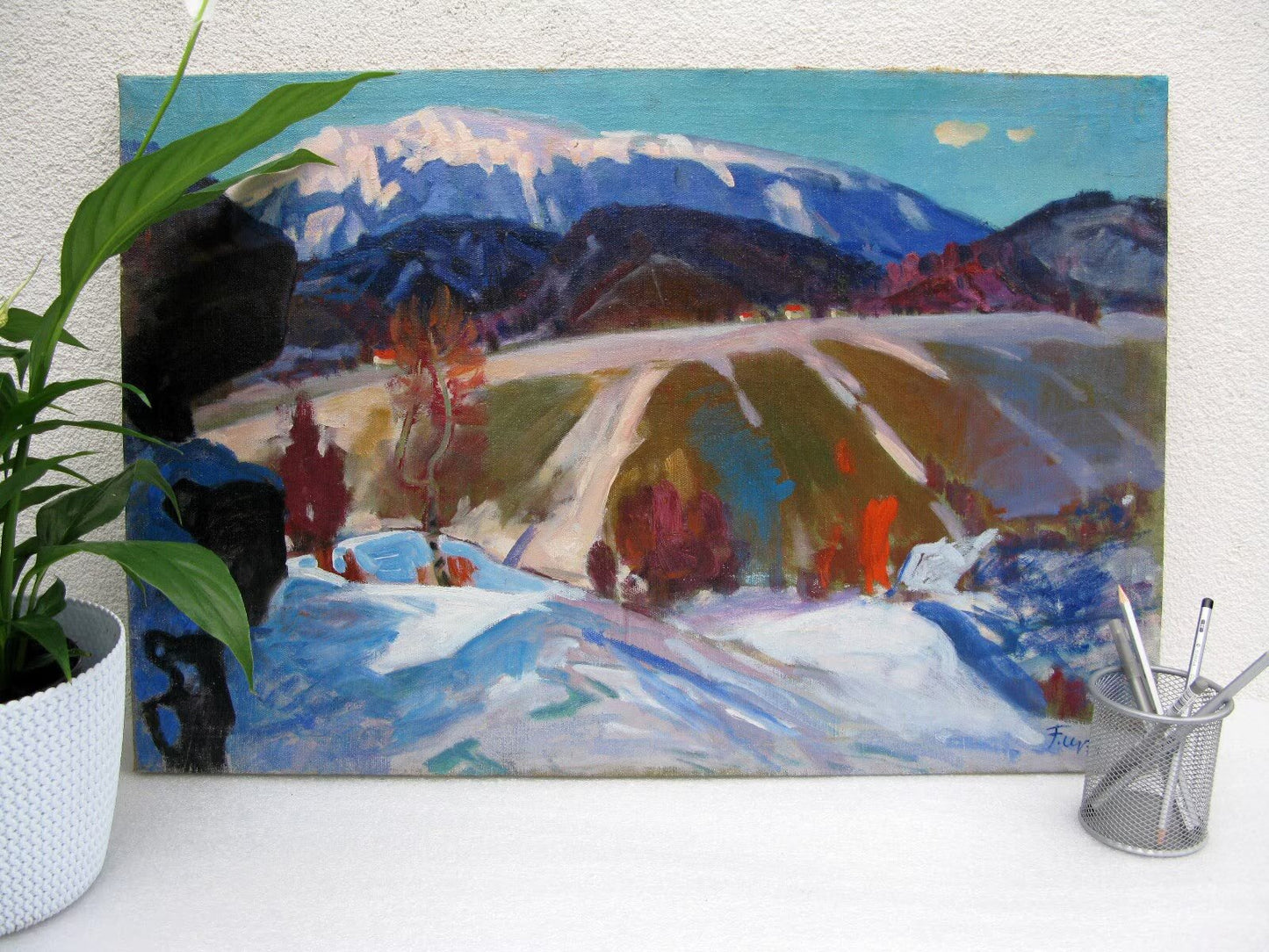 VINTAGE ORIGINAL PAINTING, oil painting, vintage realism, impressionism, landscape, Winter in the Carpathians, artist G. Chernoknizhny