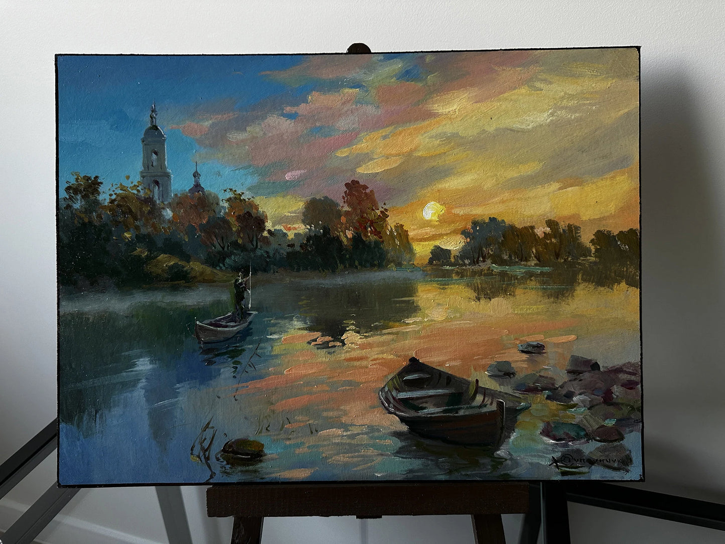 ORIGINAL PAINTING, vintage painting, modern painting, oil painting, impressionism, landscape, Evening, On the river, 2020s, Y. Suprunchuk