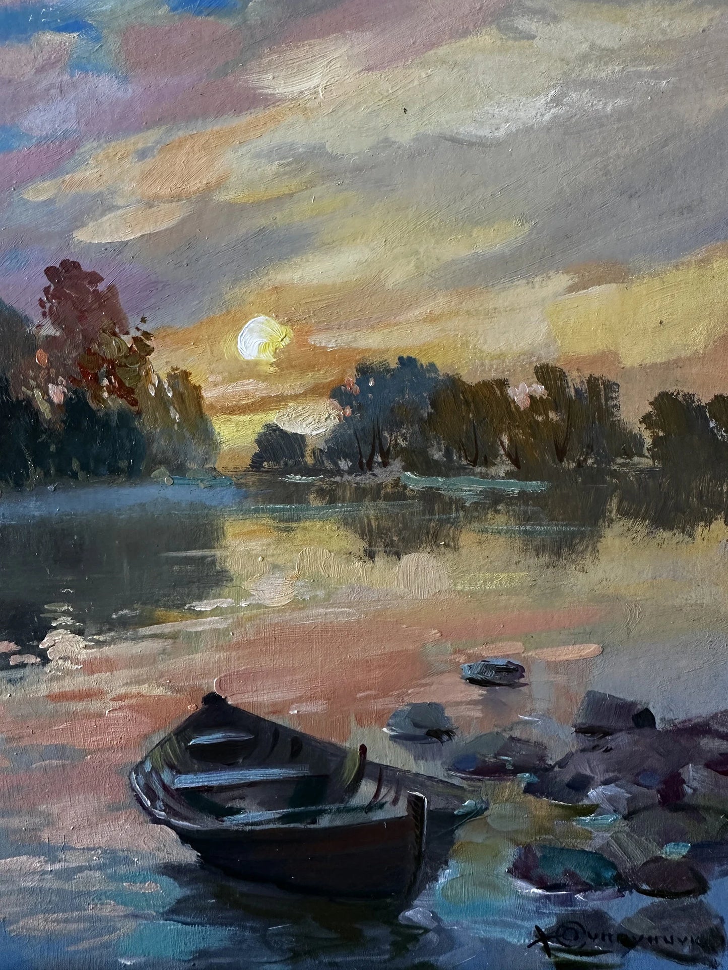 ORIGINAL PAINTING, vintage painting, modern painting, oil painting, impressionism, landscape, Evening, On the river, 2020s, Y. Suprunchuk