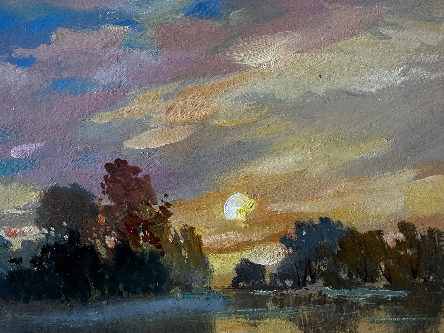 ORIGINAL PAINTING, vintage painting, modern painting, oil painting, impressionism, landscape, Evening, On the river, 2020s, Y. Suprunchuk