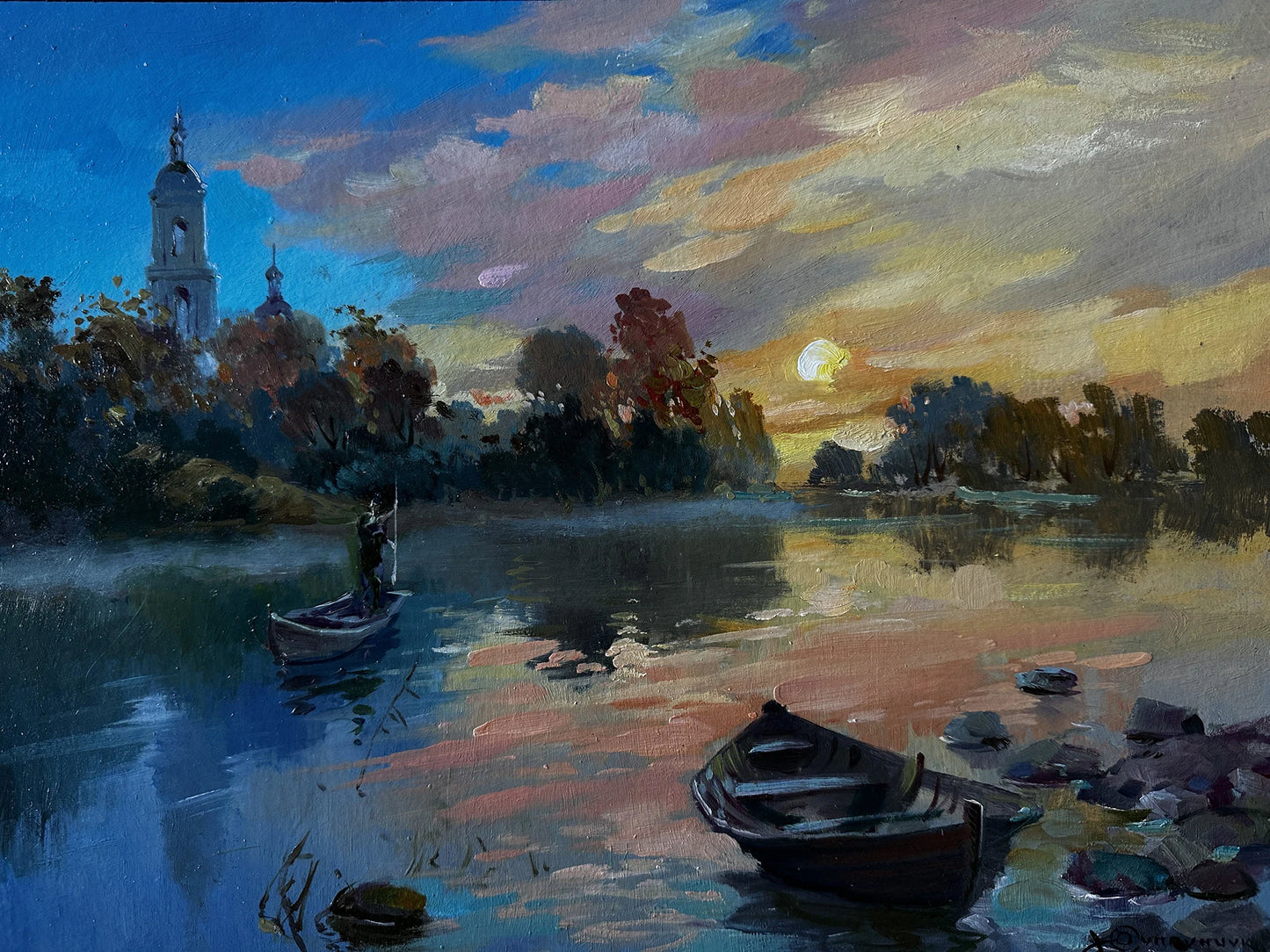 ORIGINAL PAINTING, vintage painting, modern painting, oil painting, impressionism, landscape, Evening, On the river, 2020s, Y. Suprunchuk