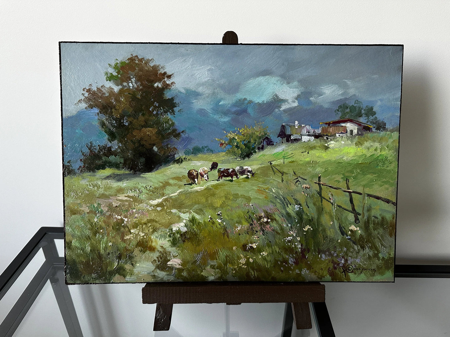 ORIGINAL PAINTING, vintage painting, modern painting, oil painting, impressionism, landscape, Evening, Pasture, 2020s, artist Y. Suprunchuk