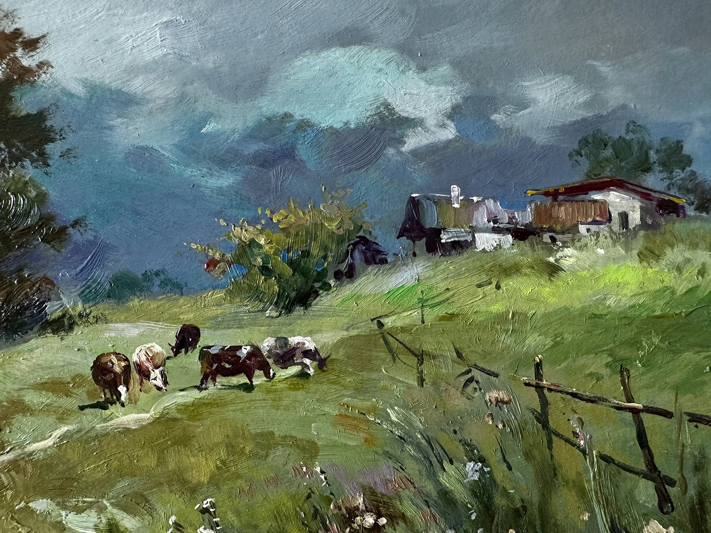 ORIGINAL PAINTING, vintage painting, modern painting, oil painting, impressionism, landscape, Evening, Pasture, 2020s, artist Y. Suprunchuk