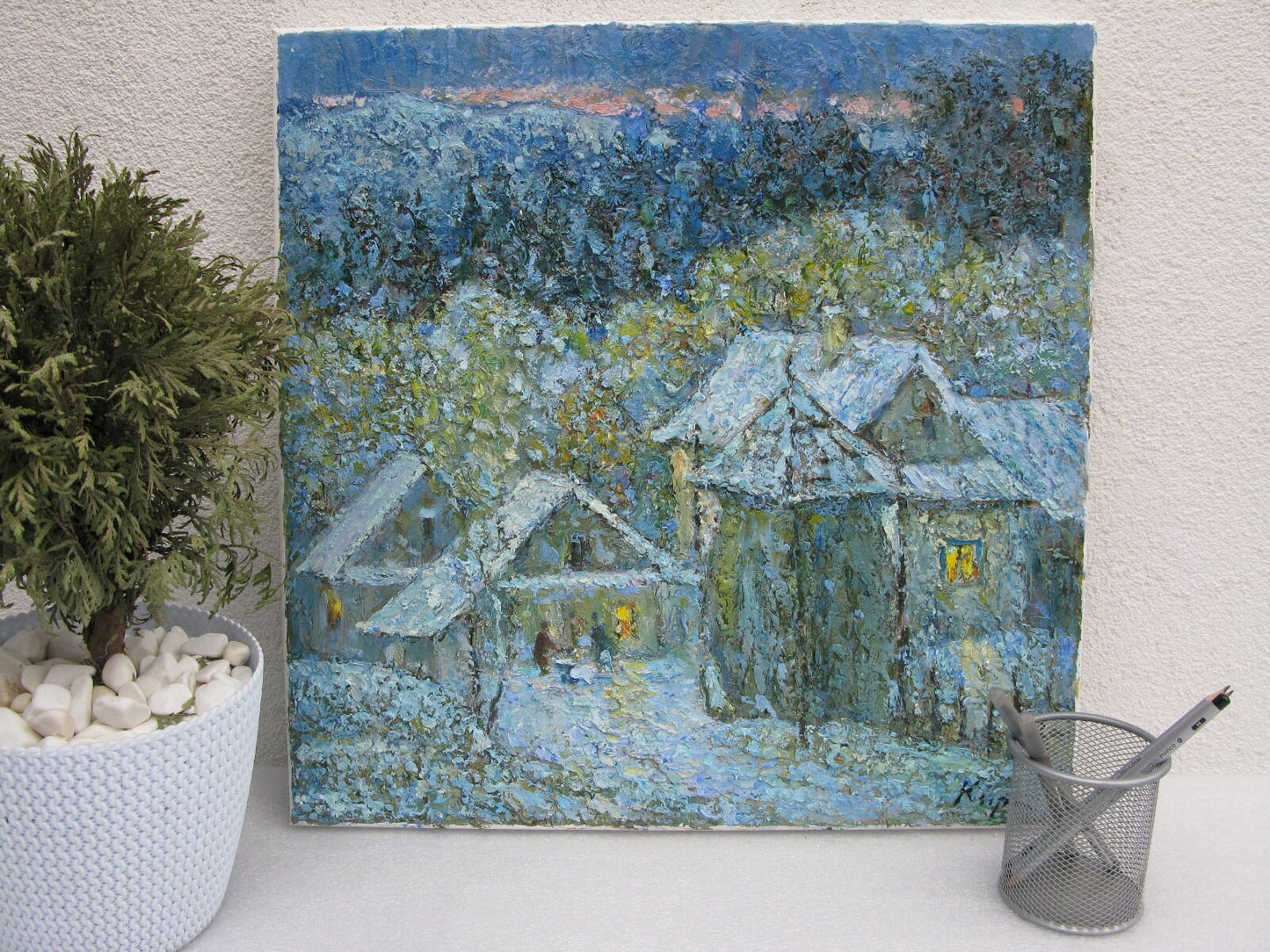 ORIGINAL PAINTING, oil painting, vintage realism, modern painting, impressionism, rural landscape, Winter evening, artist V. Kirilkov