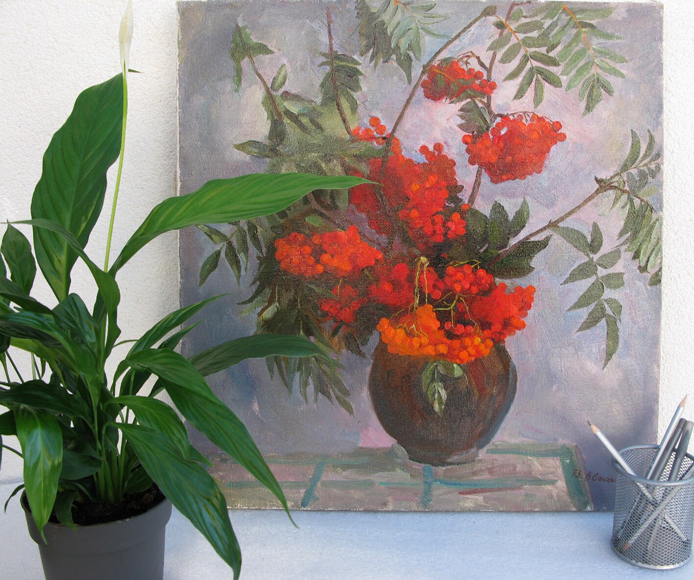 VINTAGE ORIGINAL PAINTING, oil painting, vintage realism, modern painting, impressionism, still life, Rowan, artist V. Sanzharov