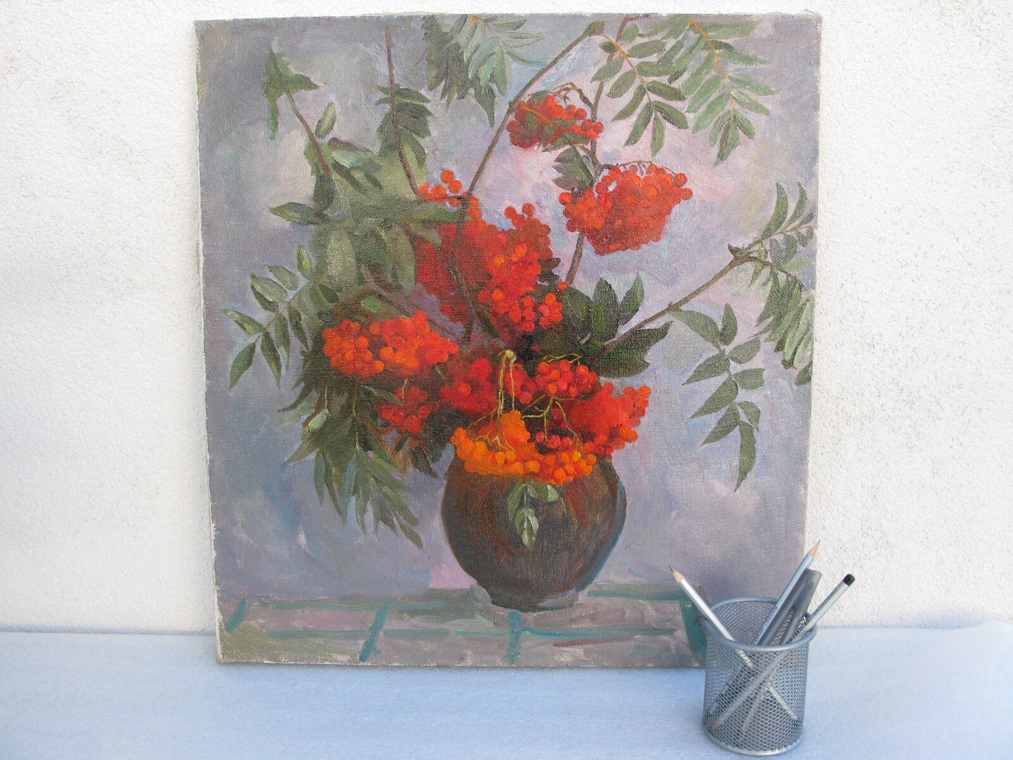 VINTAGE ORIGINAL PAINTING, oil painting, vintage realism, modern painting, impressionism, still life, Rowan, artist V. Sanzharov