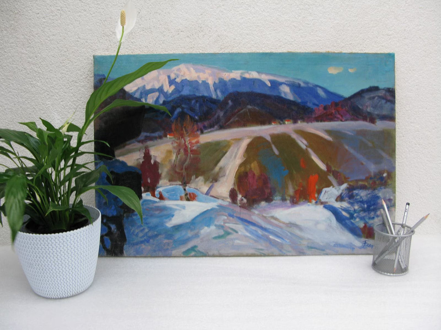 VINTAGE ORIGINAL PAINTING, oil painting, vintage realism, impressionism, landscape, Winter in the Carpathians, artist G. Chernoknizhny