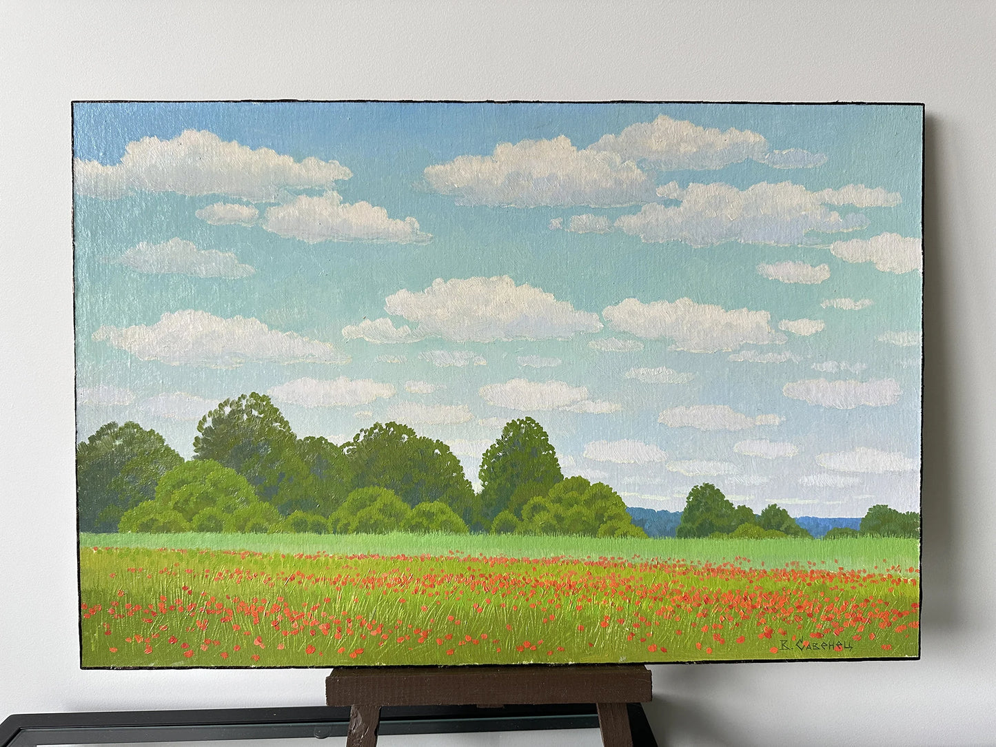 VINTAGE ORIGINAL PAINTING, oil painting, vintage realism, impressionism, landscape, Blooming field, Flowers, Poppies, artist V. Savenets