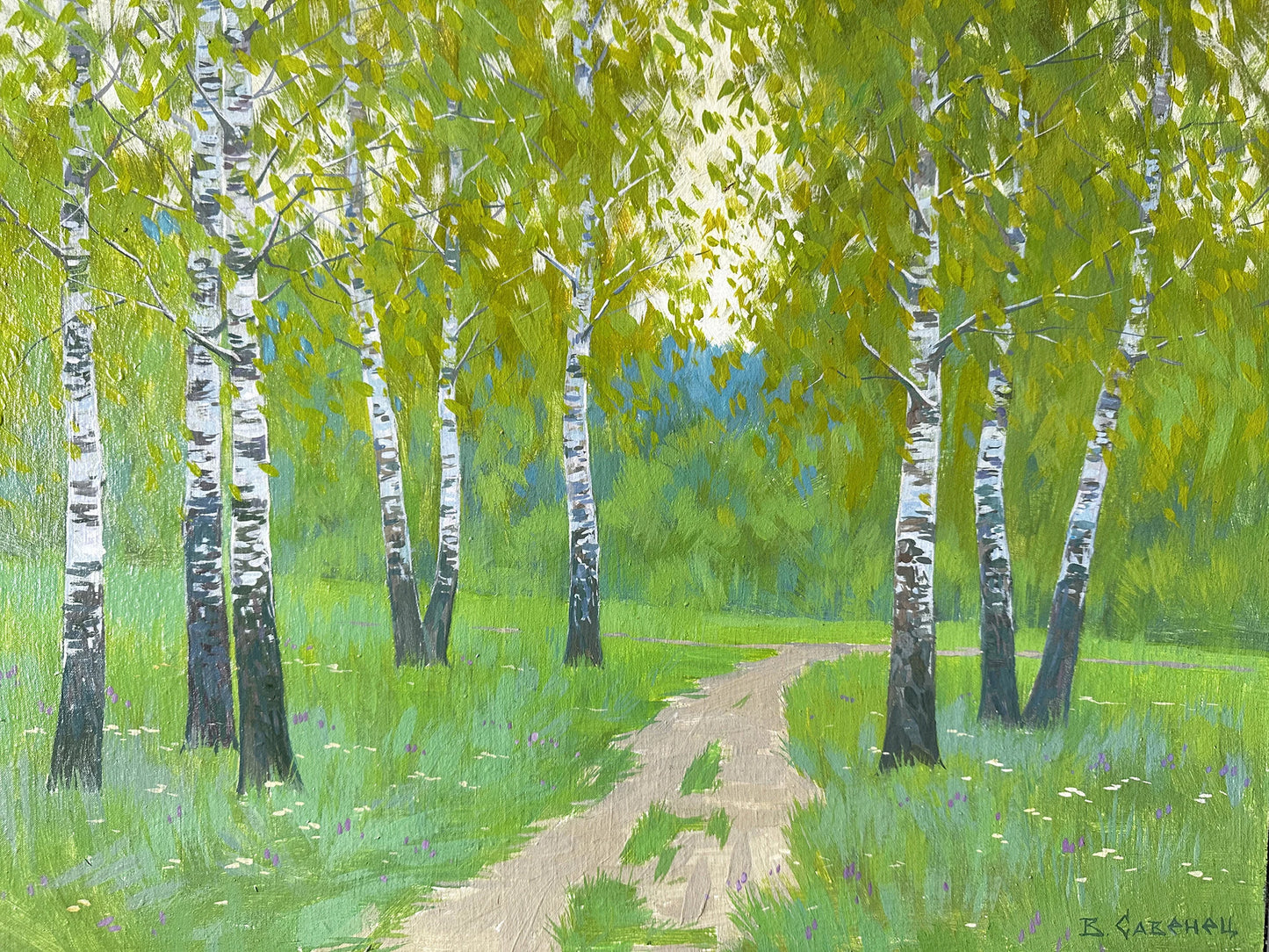 VINTAGE ORIGINAL PAINTING, oil painting, vintage realism, modern painting, impressionism, landscape, Birch Grove, 2018, artist V. Savenets