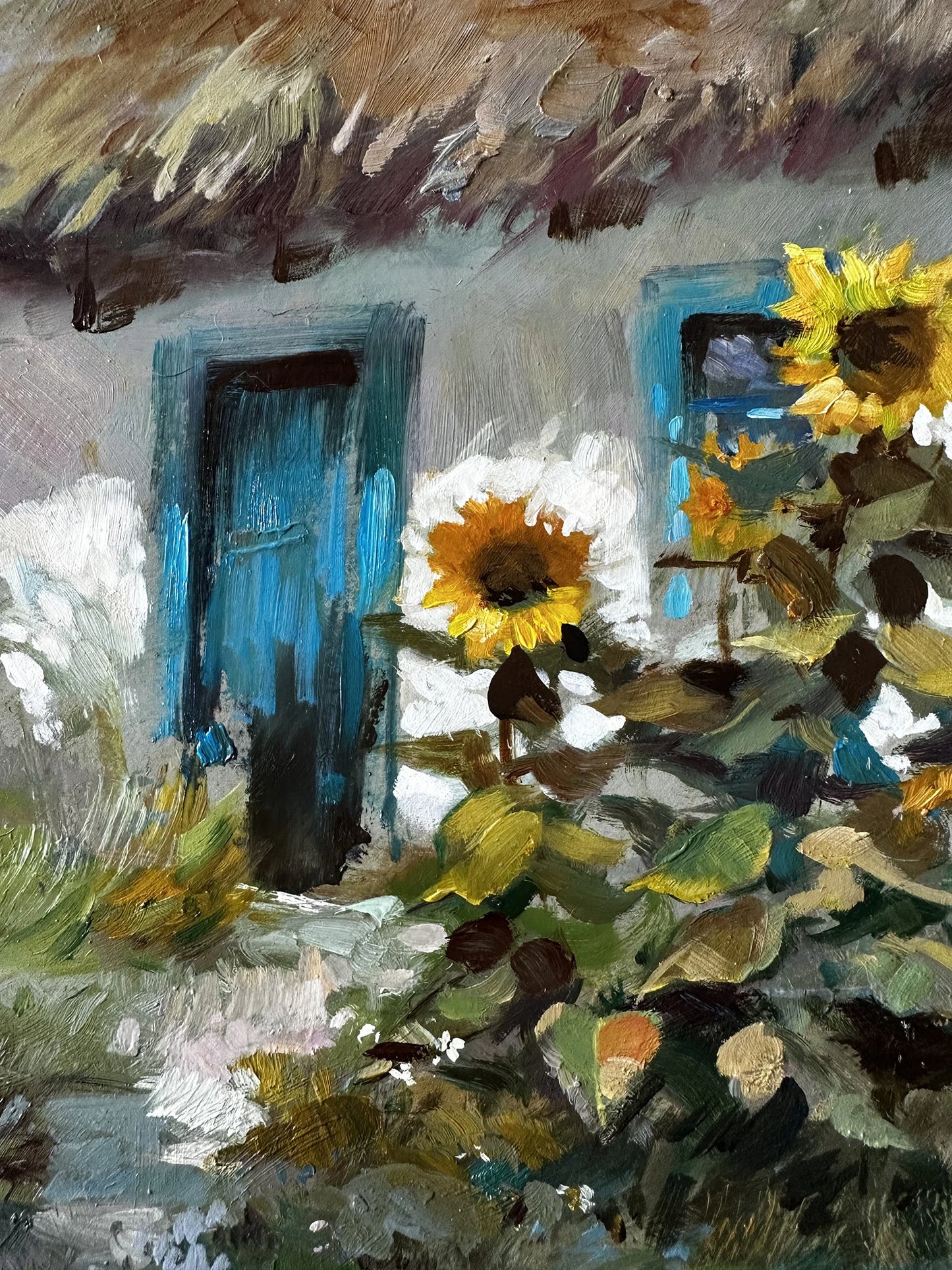 ORIGINAL PAINTING, vintage realism, impressionism, oil painting, landscape, rural landscape, Sunflowers near the house, 2022, Y. Suprunchuk