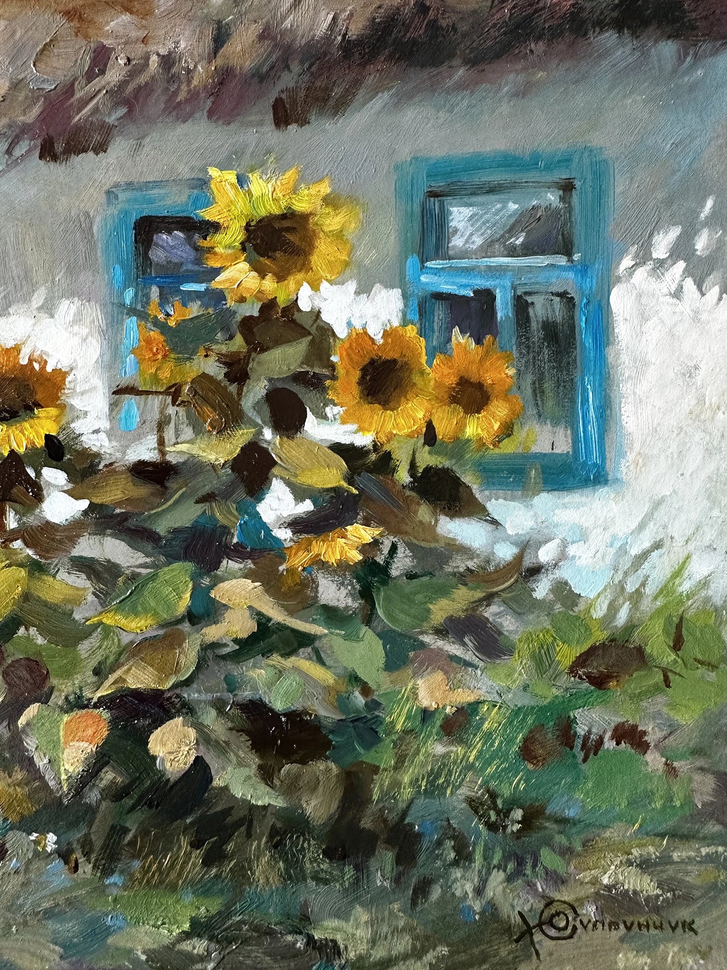 ORIGINAL PAINTING, vintage realism, impressionism, oil painting, landscape, rural landscape, Sunflowers near the house, 2022, Y. Suprunchuk