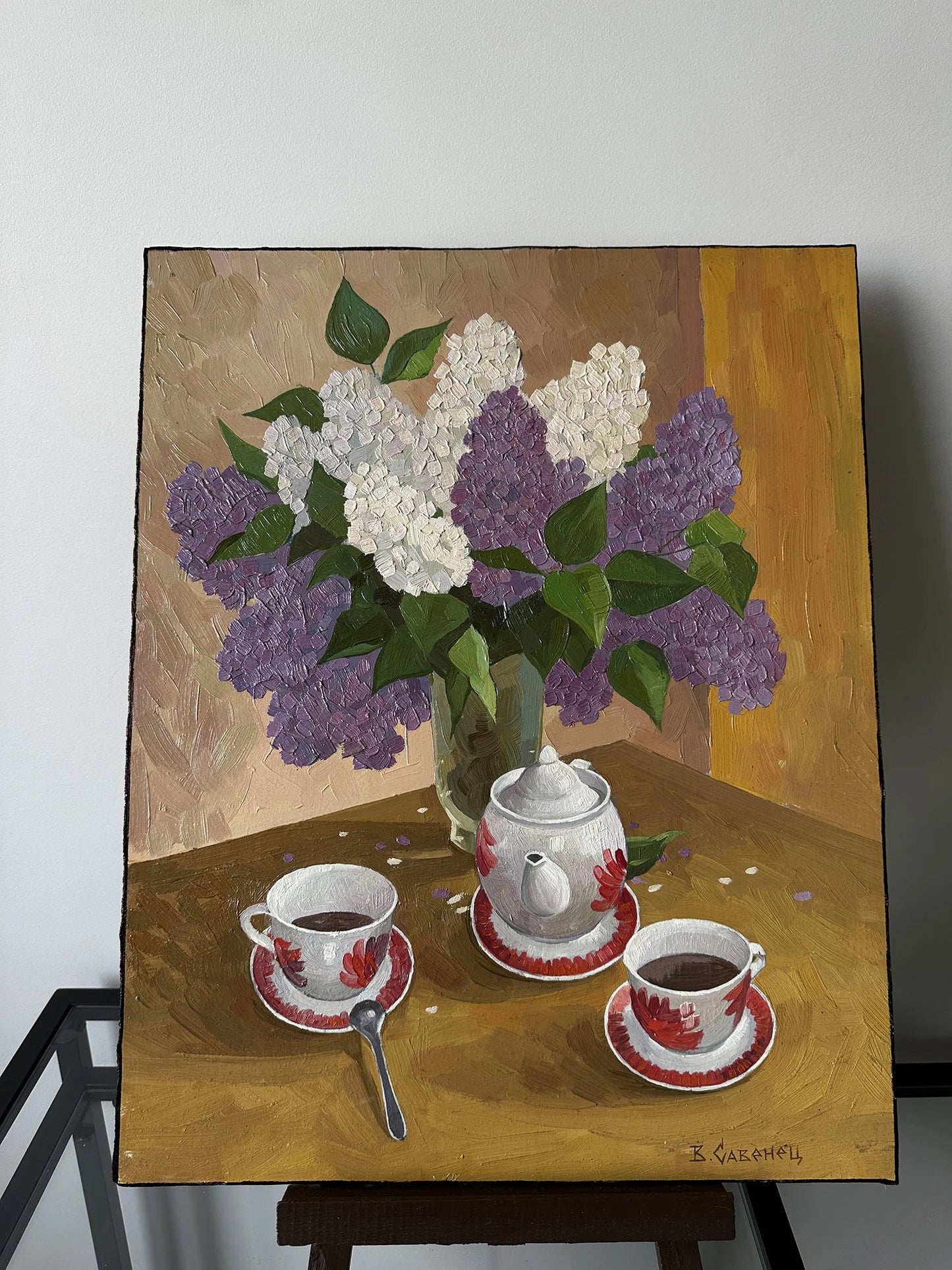 VINTAGE ORIGINAL PAINTING, oil painting, vintage realism, modern painting, still life, bouquet of flowers, Lilac, 2014, artist V. Savenets