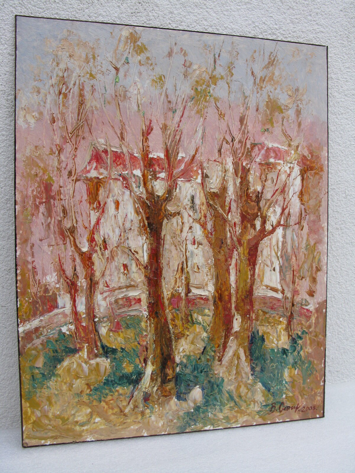 VINTAGE ORIGINAL PAINTING, oil painting, vintage realism, landscape, impressionism, rural landscape, Autumn trees, 2005, artist V. Sanzharov