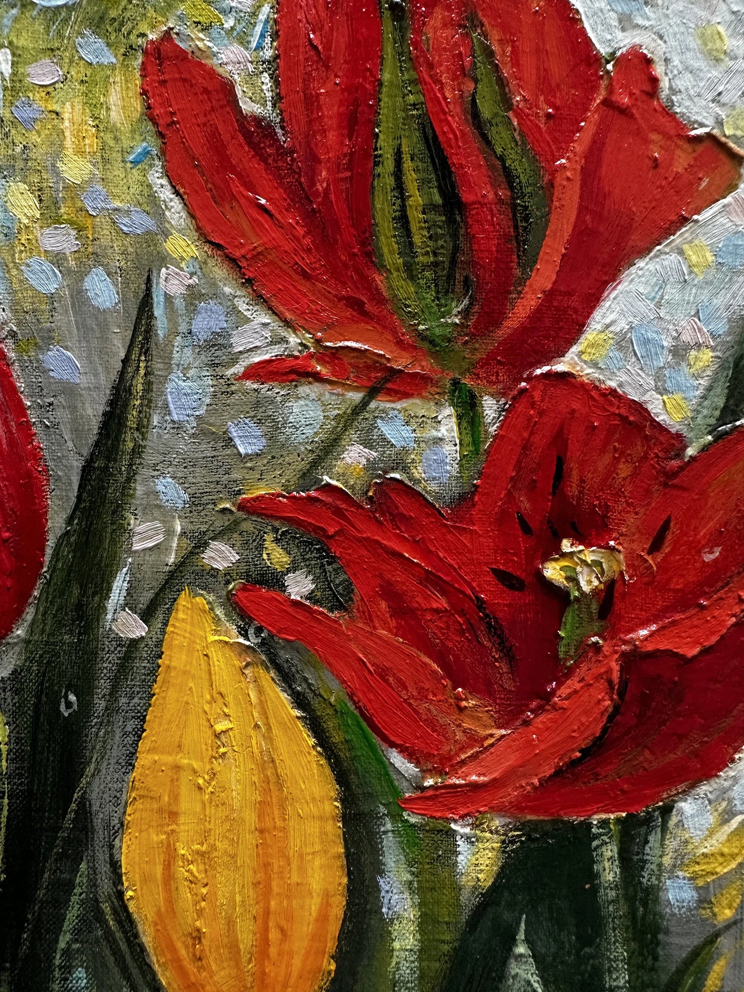 VINTAGE ORIGINAL PAINTING, oil painting, vintage realism, modern painting, impressionism, flowering, Tulips, 2007, artist V. Savenets