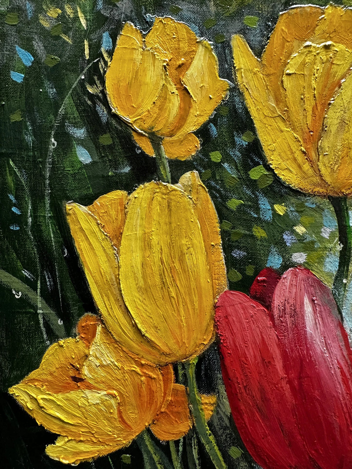 VINTAGE ORIGINAL PAINTING, oil painting, vintage realism, modern painting, impressionism, flowering, Tulips, 2007, artist V. Savenets