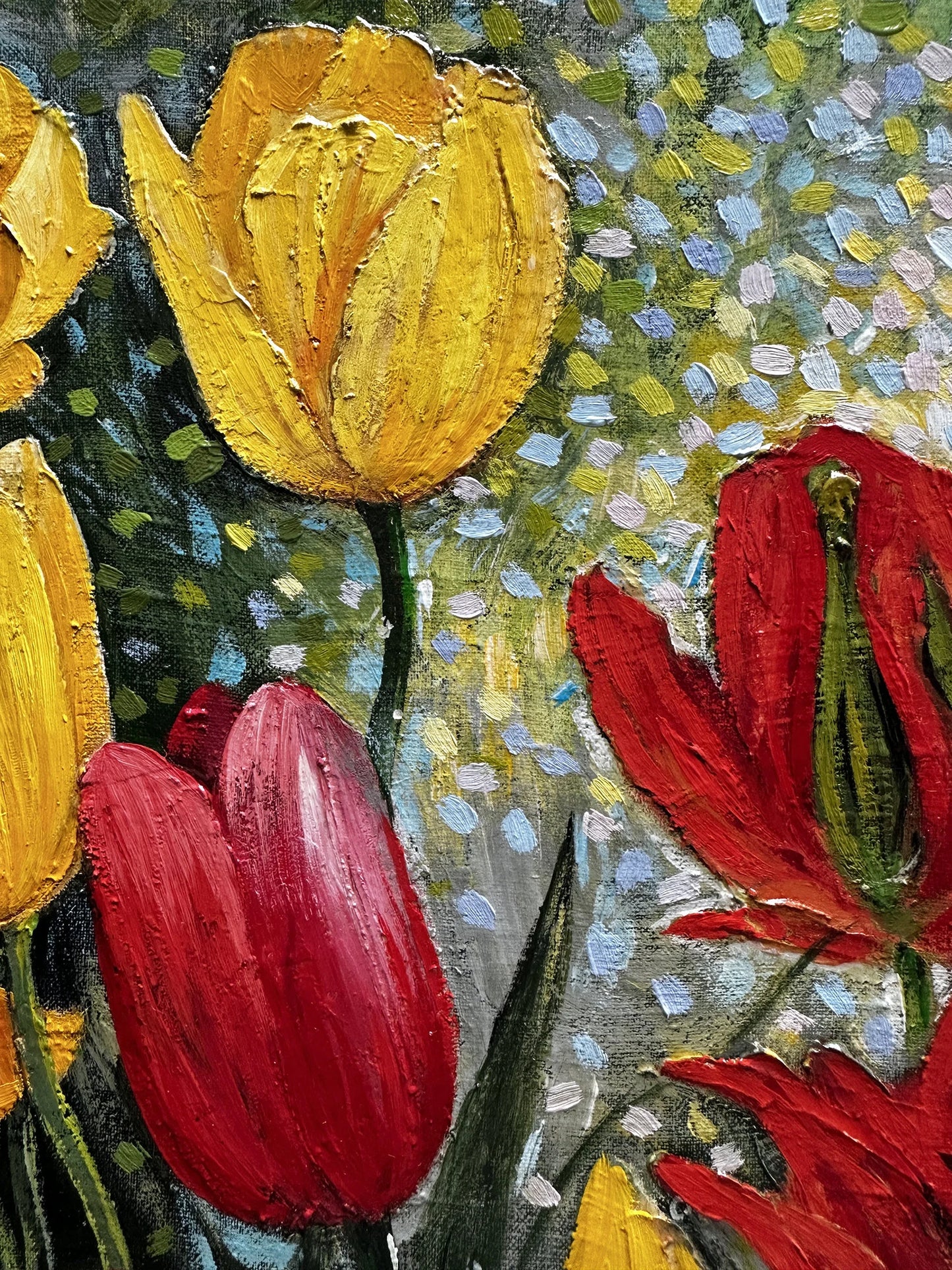 VINTAGE ORIGINAL PAINTING, oil painting, vintage realism, modern painting, impressionism, flowering, Tulips, 2007, artist V. Savenets