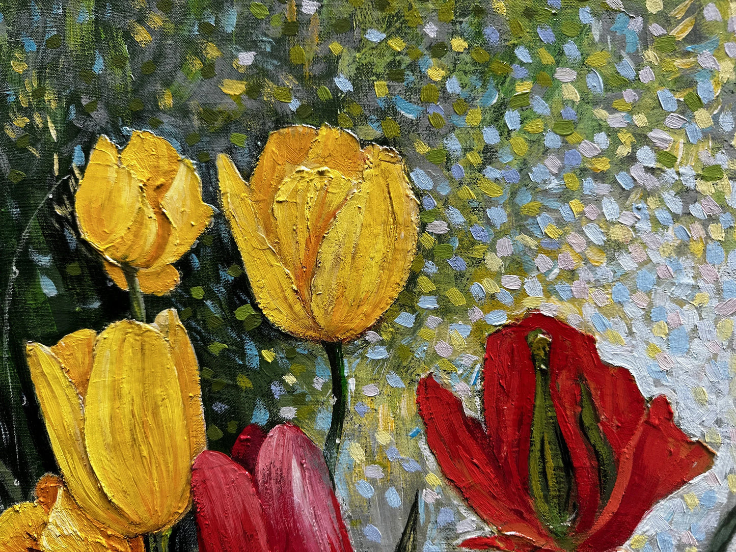 VINTAGE ORIGINAL PAINTING, oil painting, vintage realism, modern painting, impressionism, flowering, Tulips, 2007, artist V. Savenets