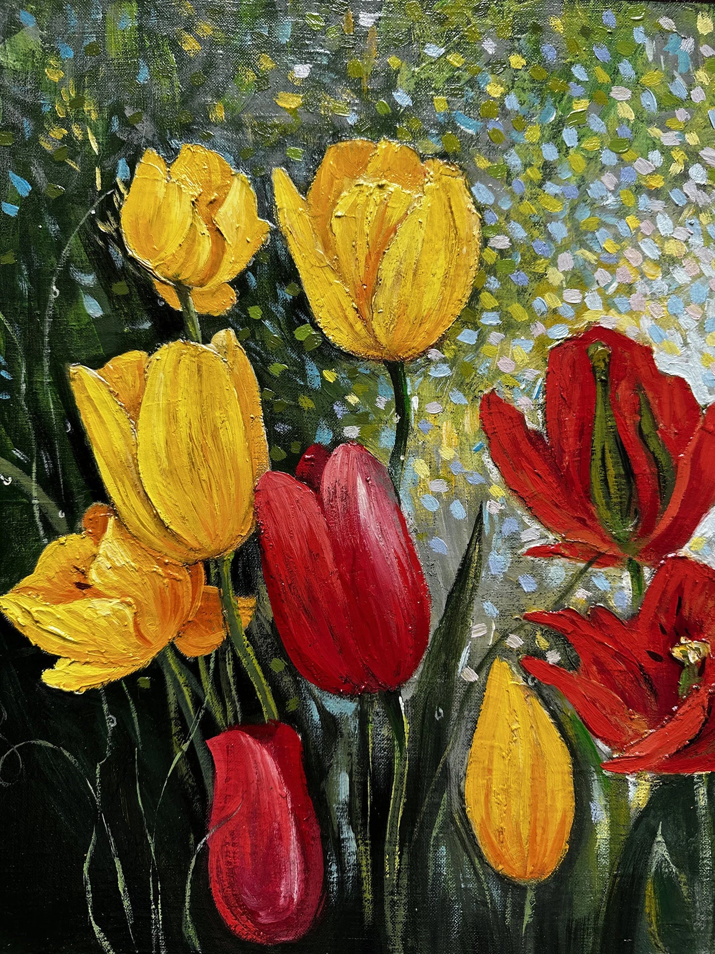 VINTAGE ORIGINAL PAINTING, oil painting, vintage realism, modern painting, impressionism, flowering, Tulips, 2007, artist V. Savenets