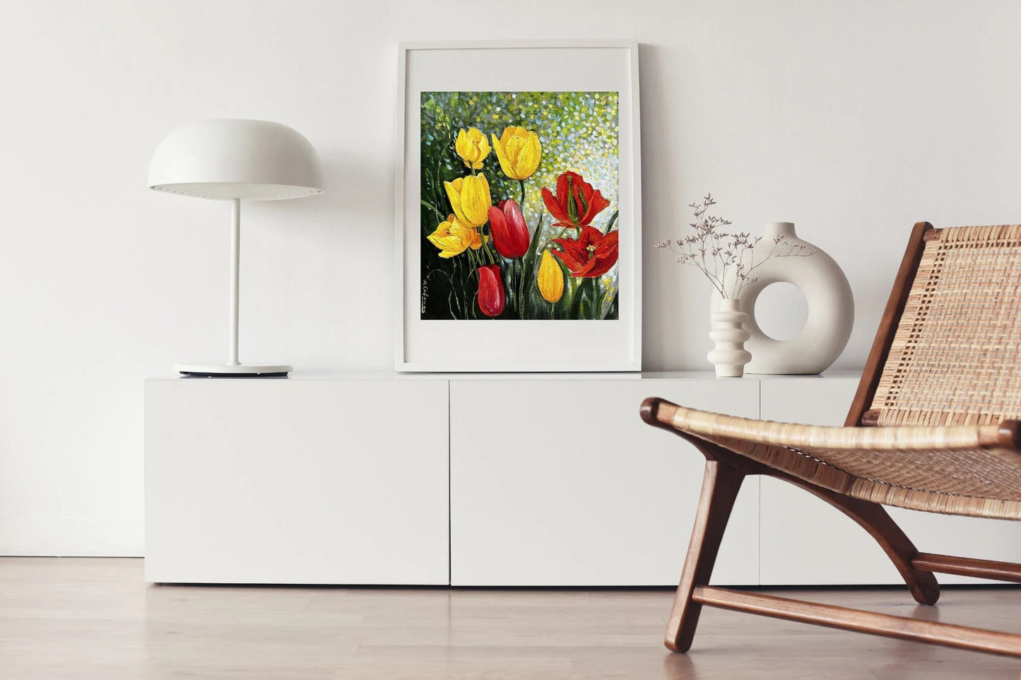 VINTAGE ORIGINAL PAINTING, oil painting, vintage realism, modern painting, impressionism, flowering, Tulips, 2007, artist V. Savenets