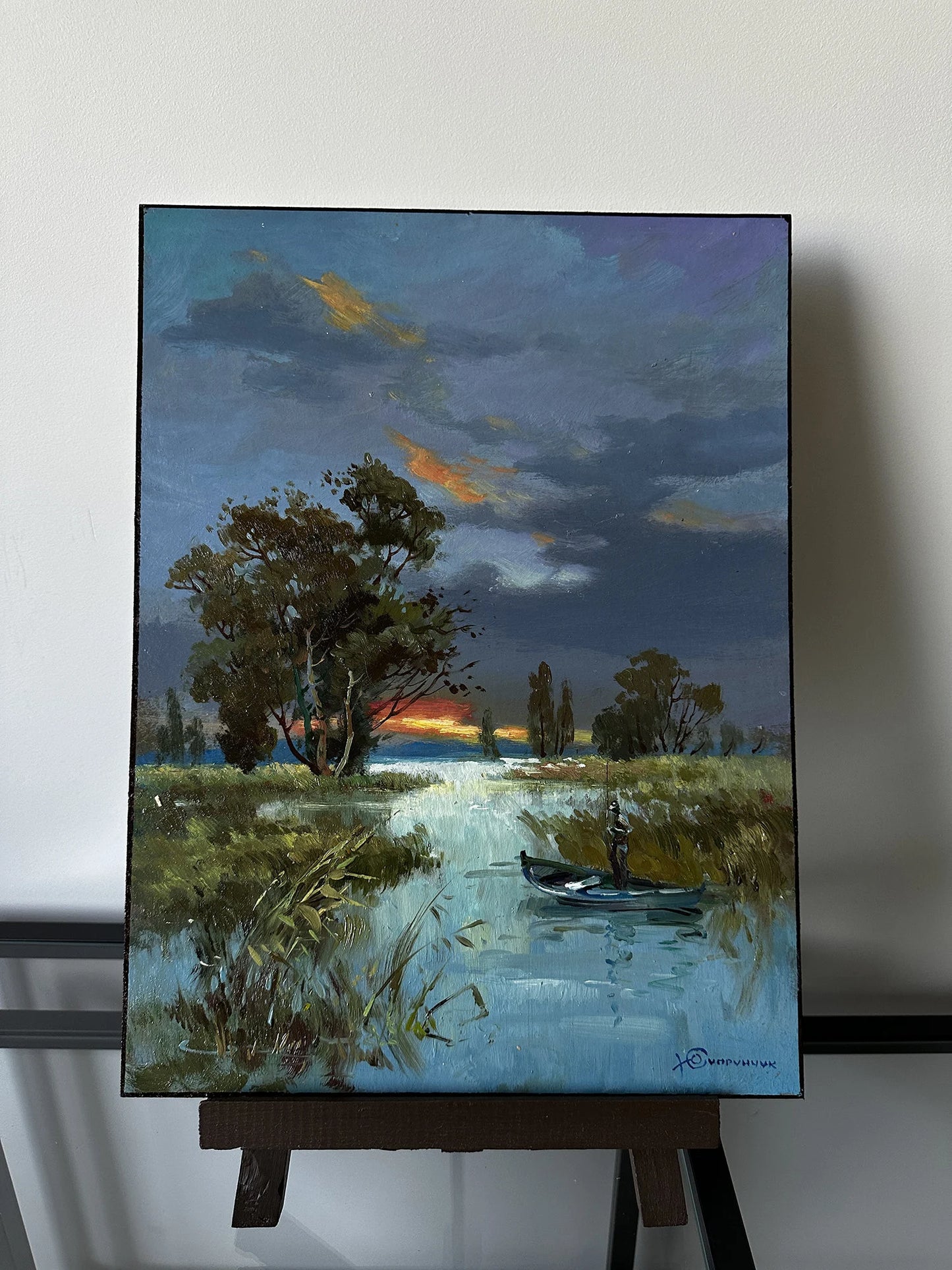 ORIGINAL PAINTING, modern painting, oil painting, impressionism, landscape, rural landscape, Evening fishing, 2020s, artist Y. Suprunchuk