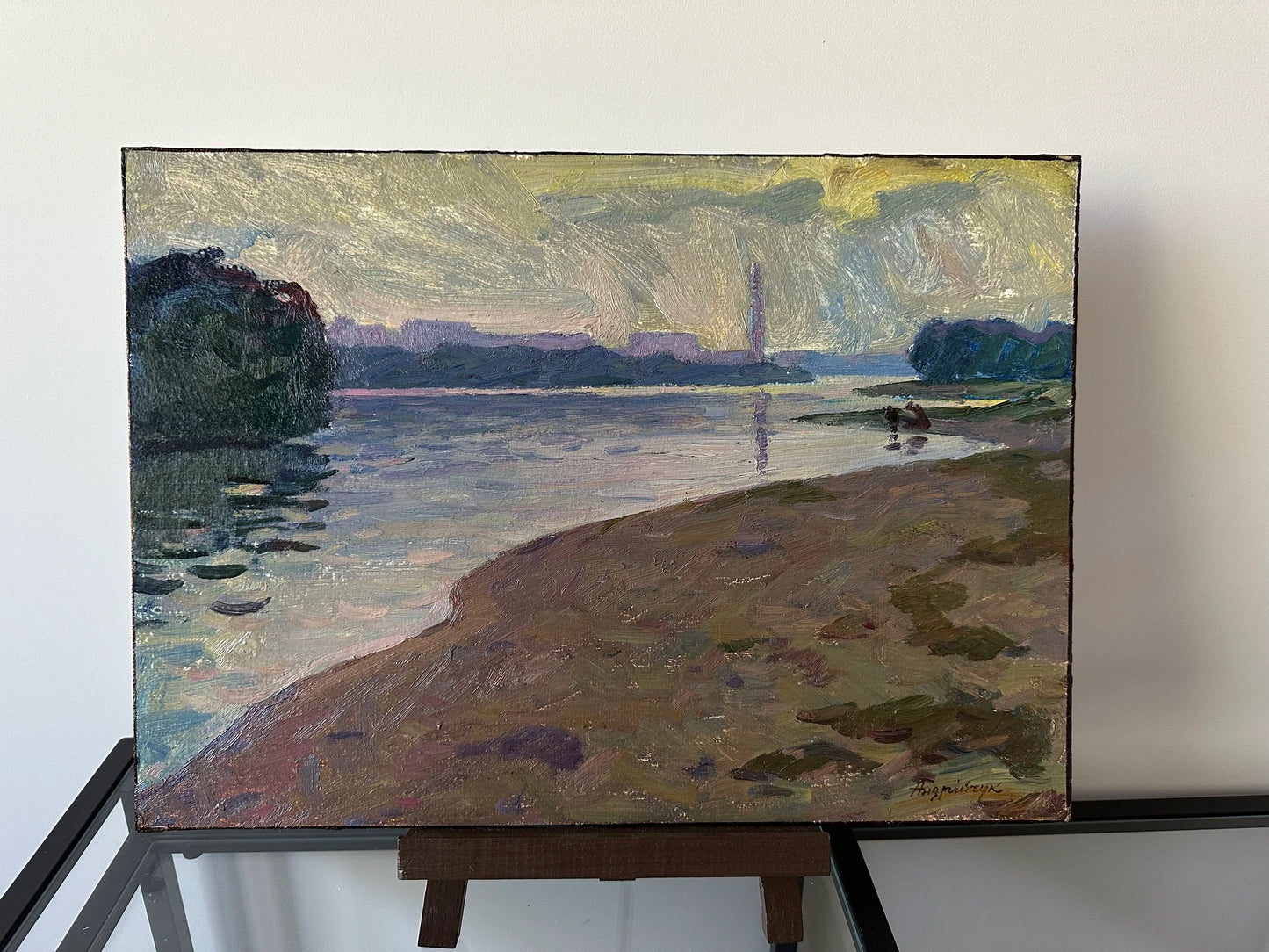 VINTAGE ORIGINAL PAINTING, oil painting, ukrainian painting, impressionism, landscape, On the bank of the river, 1983, artist M. Andriychuk