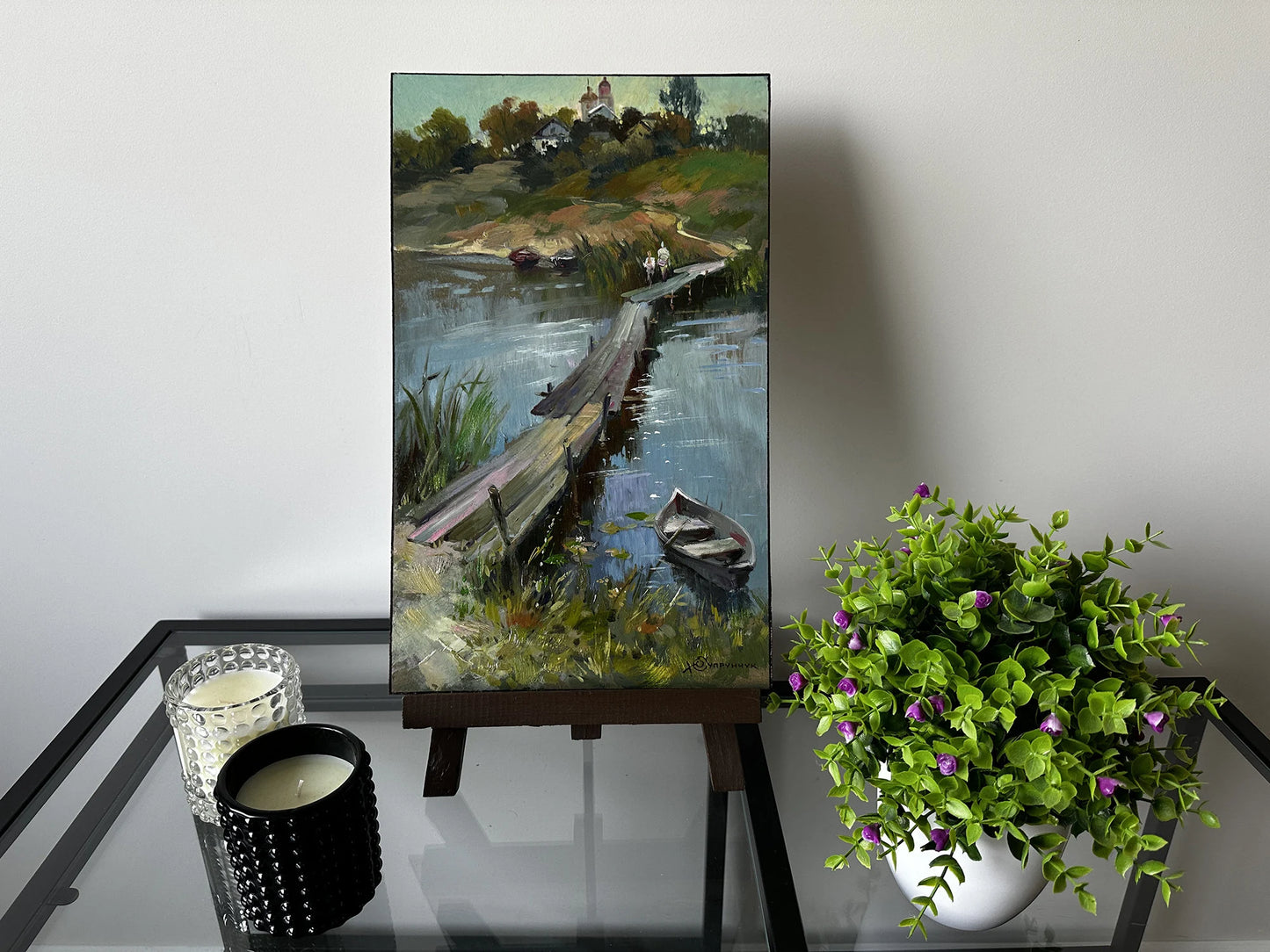 ORIGINAL PAINTING, modern painting, oil painting, impressionism, landscape, rural landscape, Bridge over the pond, artist Y. Suprunchuk