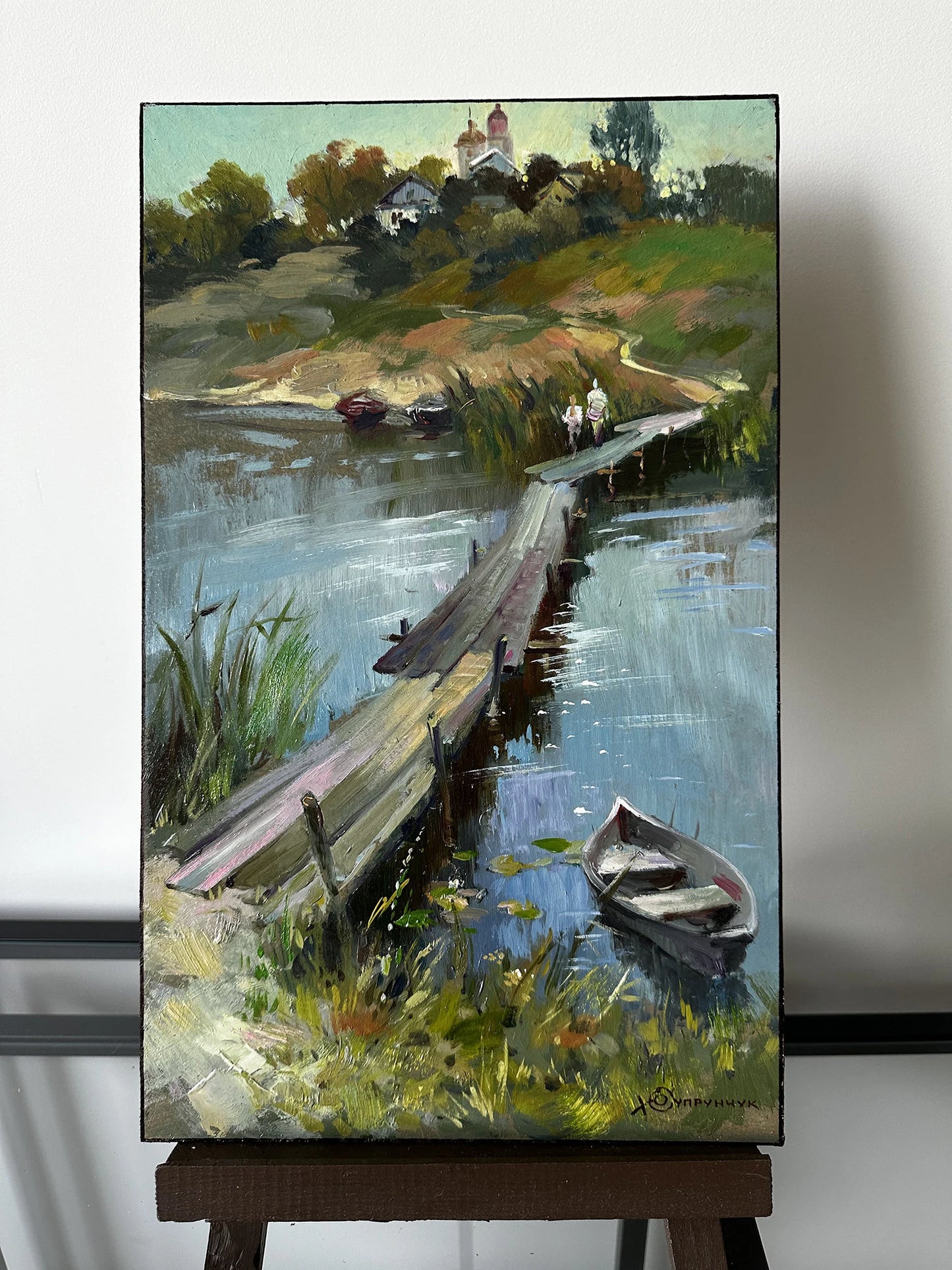 ORIGINAL PAINTING, modern painting, oil painting, impressionism, landscape, rural landscape, Bridge over the pond, artist Y. Suprunchuk