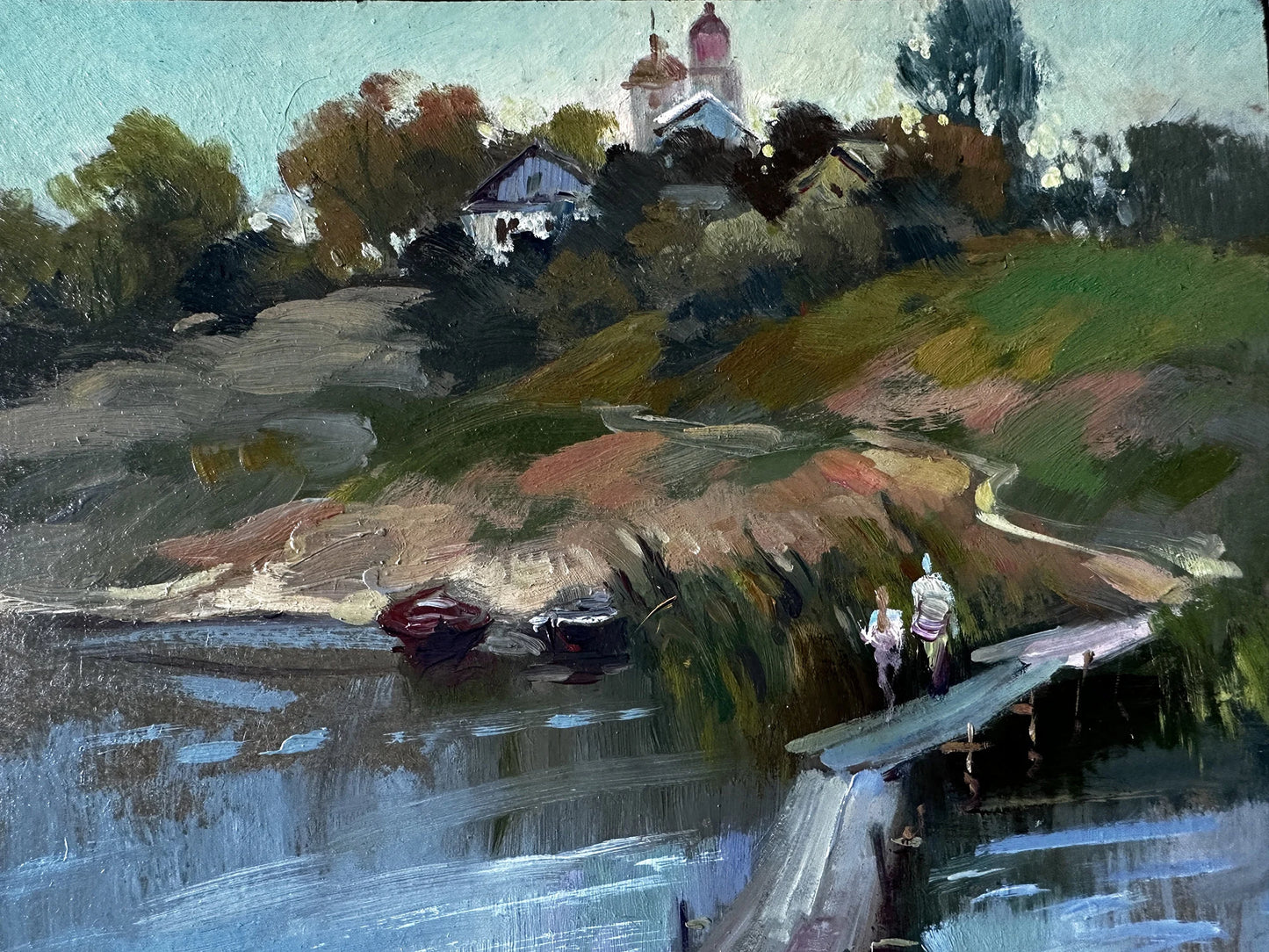 ORIGINAL PAINTING, modern painting, oil painting, impressionism, landscape, rural landscape, Bridge over the pond, artist Y. Suprunchuk