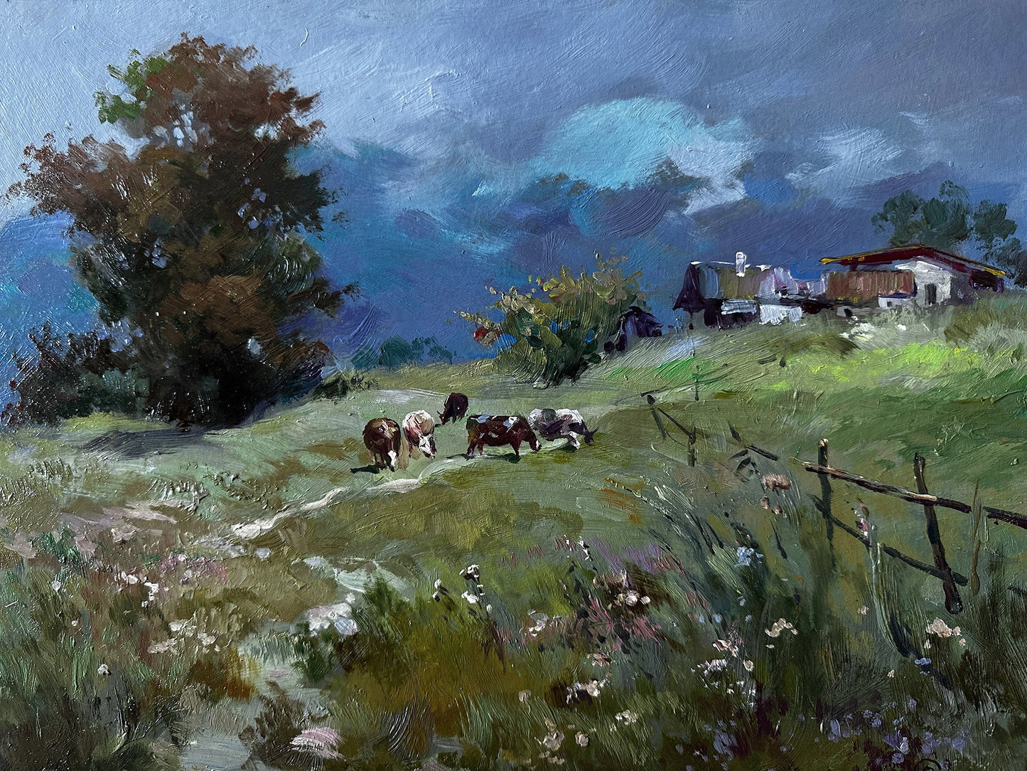 ORIGINAL PAINTING, vintage painting, modern painting, oil painting, impressionism, landscape, Evening, Pasture, 2020s, artist Y. Suprunchuk