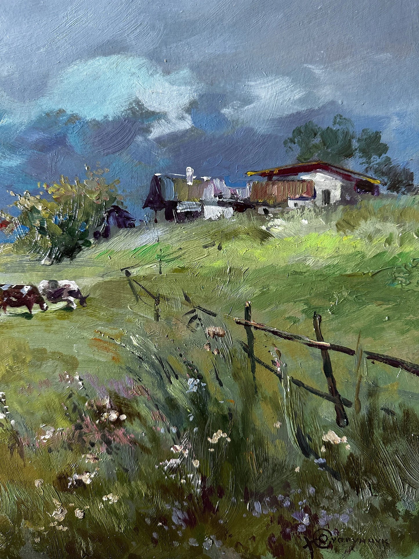 ORIGINAL PAINTING, vintage painting, modern painting, oil painting, impressionism, landscape, Evening, Pasture, 2020s, artist Y. Suprunchuk