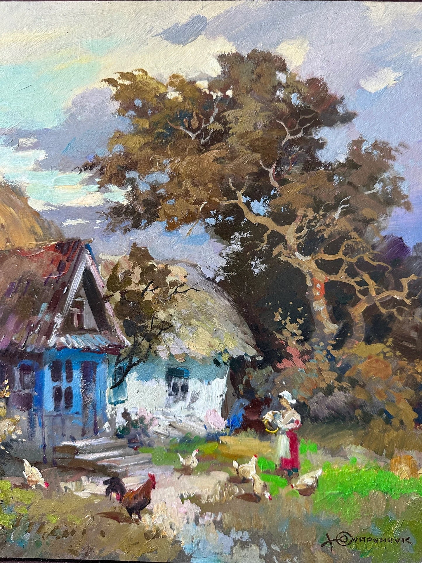 ORIGINAL PAINTING, modern painting, oil painting, impressionism, landscape, rural landscape, Country yard, 2020s, artist Y. Suprunchuk