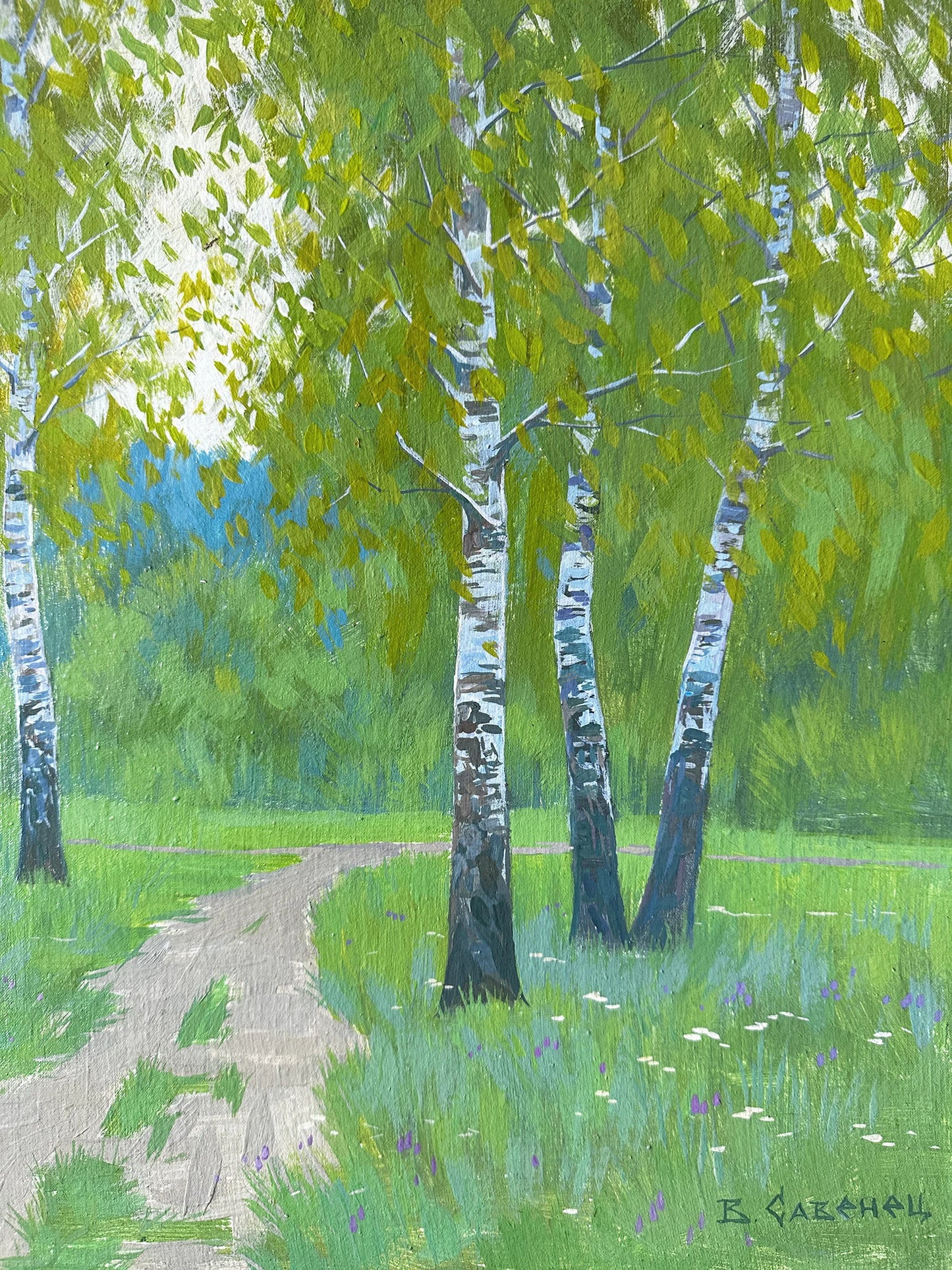 VINTAGE ORIGINAL PAINTING, oil painting, vintage realism, modern painting, impressionism, landscape, Birch Grove, 2018, artist V. Savenets