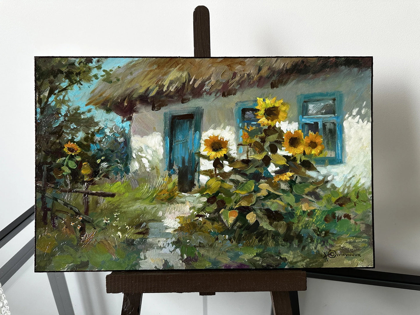 ORIGINAL PAINTING, vintage realism, impressionism, oil painting, landscape, rural landscape, Sunflowers near the house, 2022, Y. Suprunchuk