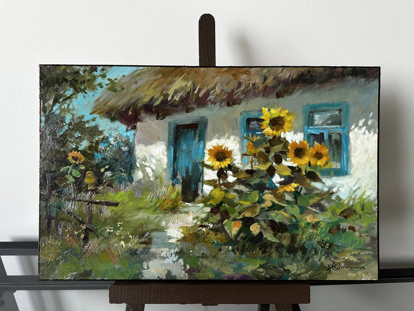 ORIGINAL PAINTING, vintage realism, impressionism, oil painting, landscape, rural landscape, Sunflowers near the house, 2022, Y. Suprunchuk