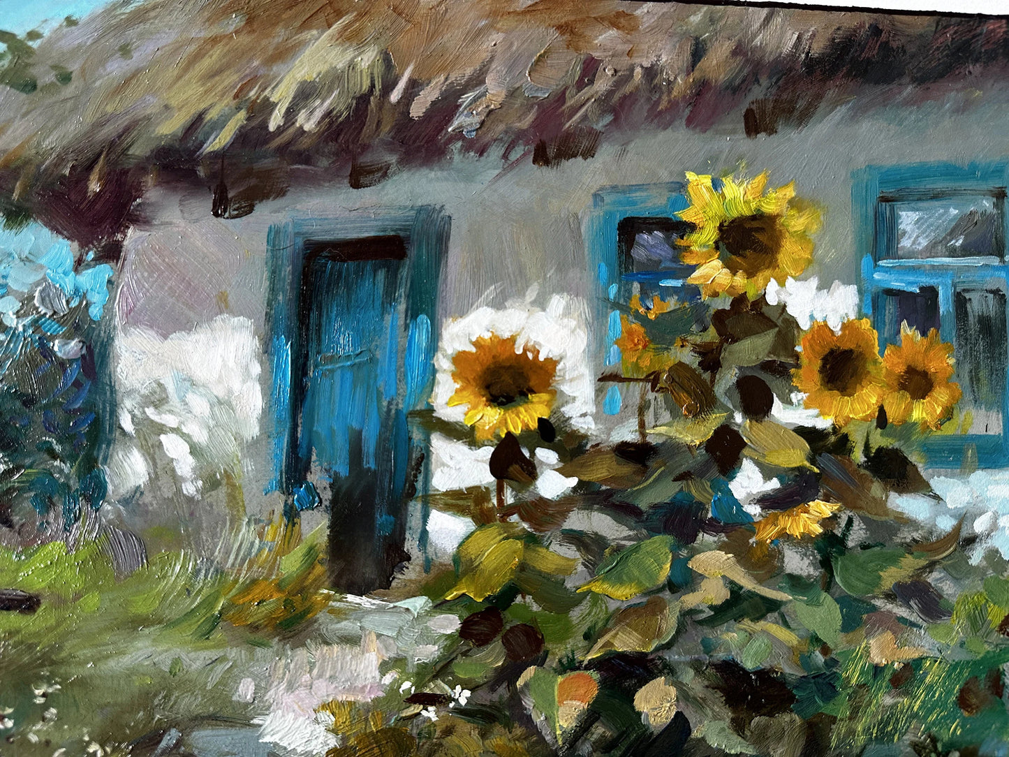 ORIGINAL PAINTING, vintage realism, impressionism, oil painting, landscape, rural landscape, Sunflowers near the house, 2022, Y. Suprunchuk