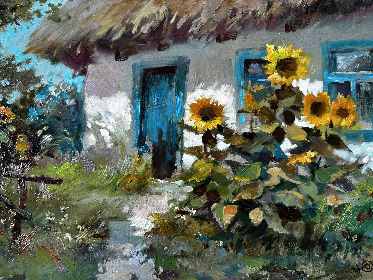 ORIGINAL PAINTING, vintage realism, impressionism, oil painting, landscape, rural landscape, Sunflowers near the house, 2022, Y. Suprunchuk