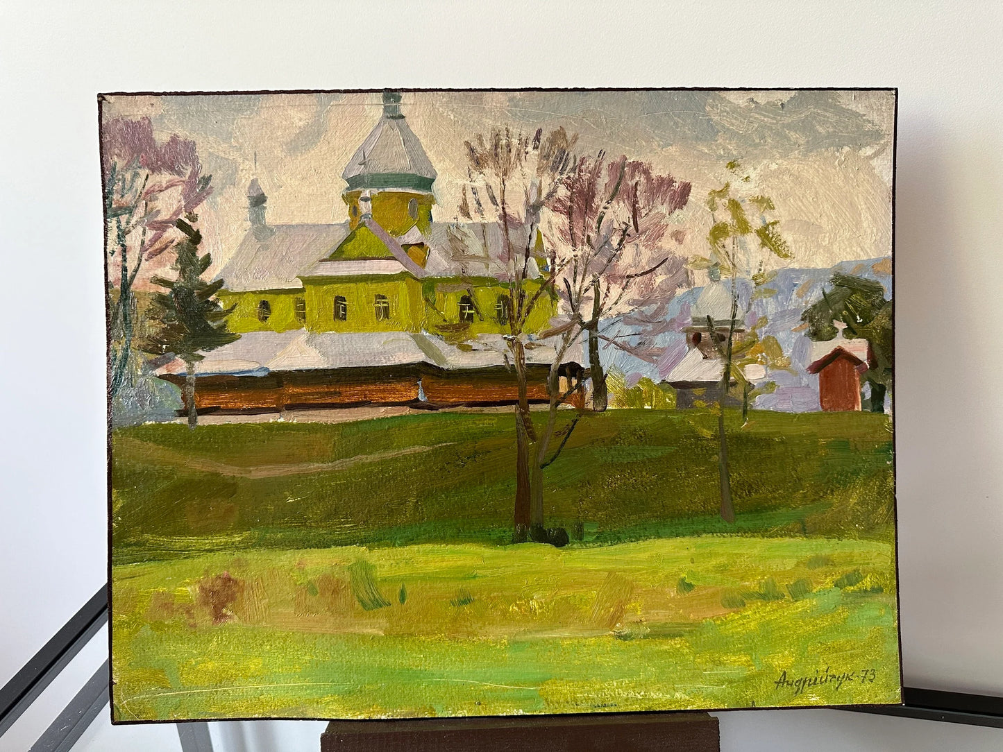 Original oil painting, gift, ukrainian painting vintage, wall painting, landscape, architecture, Church in the village, artist M. Andriychuk