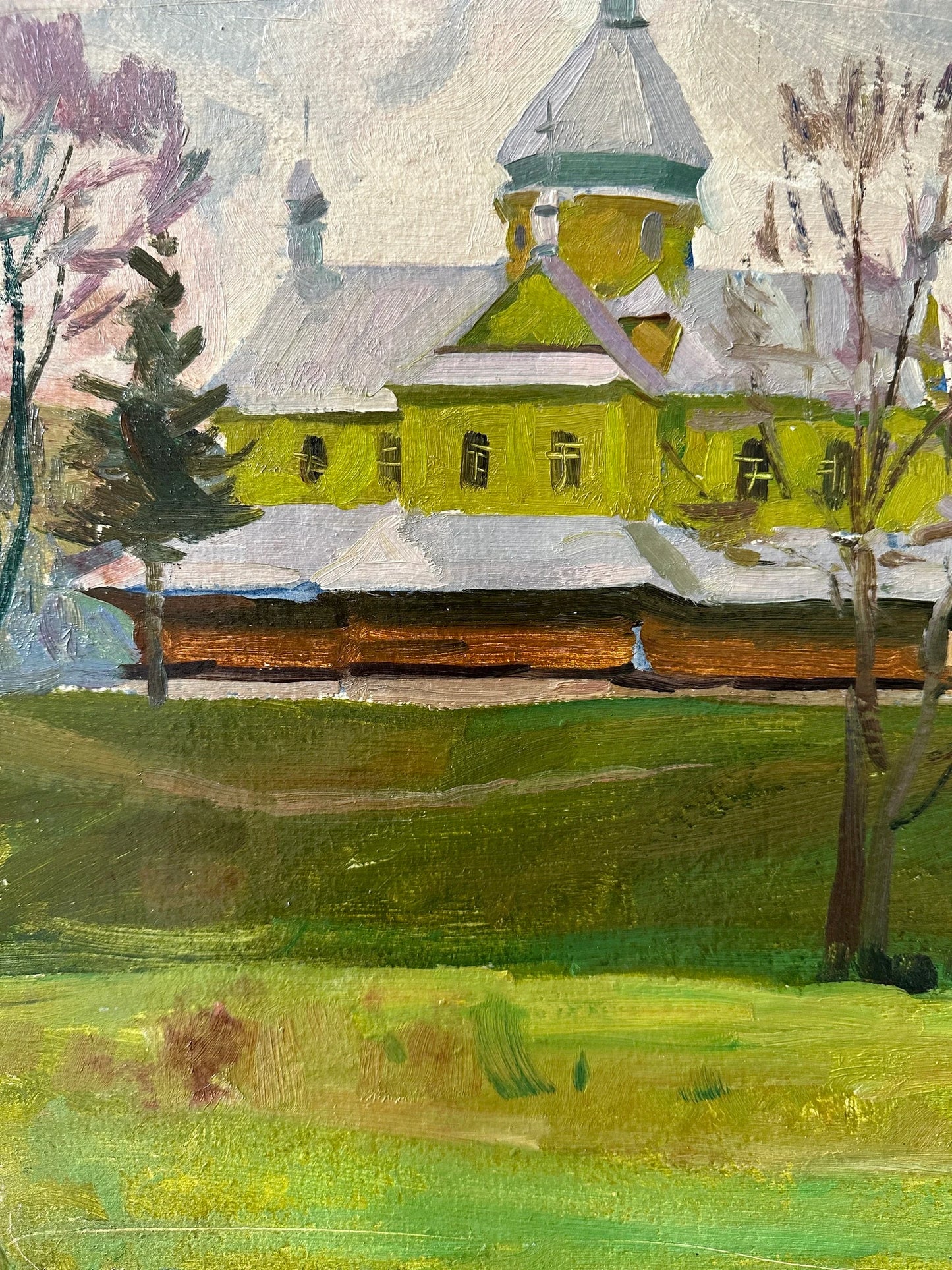 Original oil painting, gift, ukrainian painting vintage, wall painting, landscape, architecture, Church in the village, artist M. Andriychuk