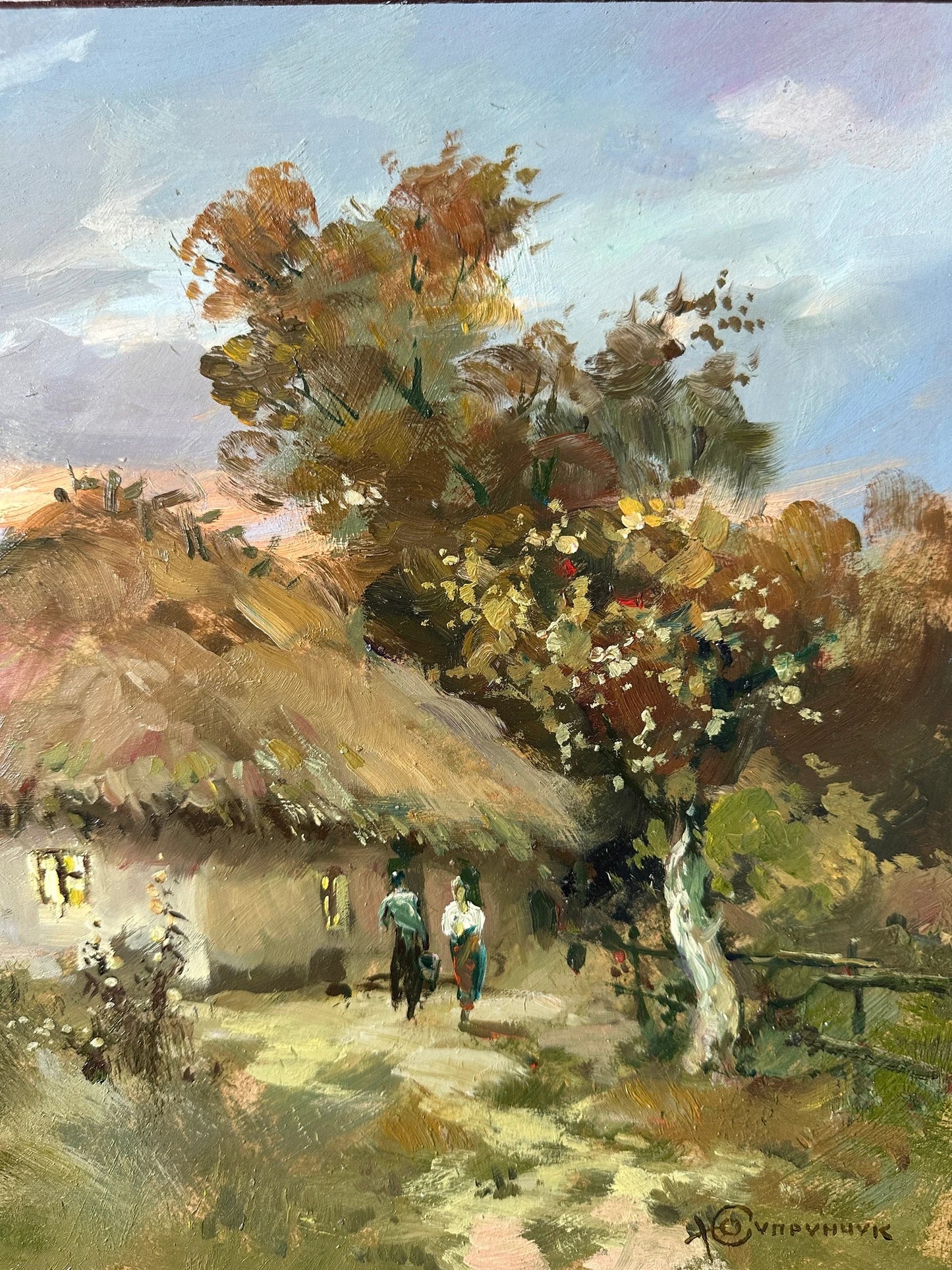 Original painting, gift, ukrainian painting, vintage, wall painting, wall art, landscape, Old house, In the village, artist Y. Suprunchuk