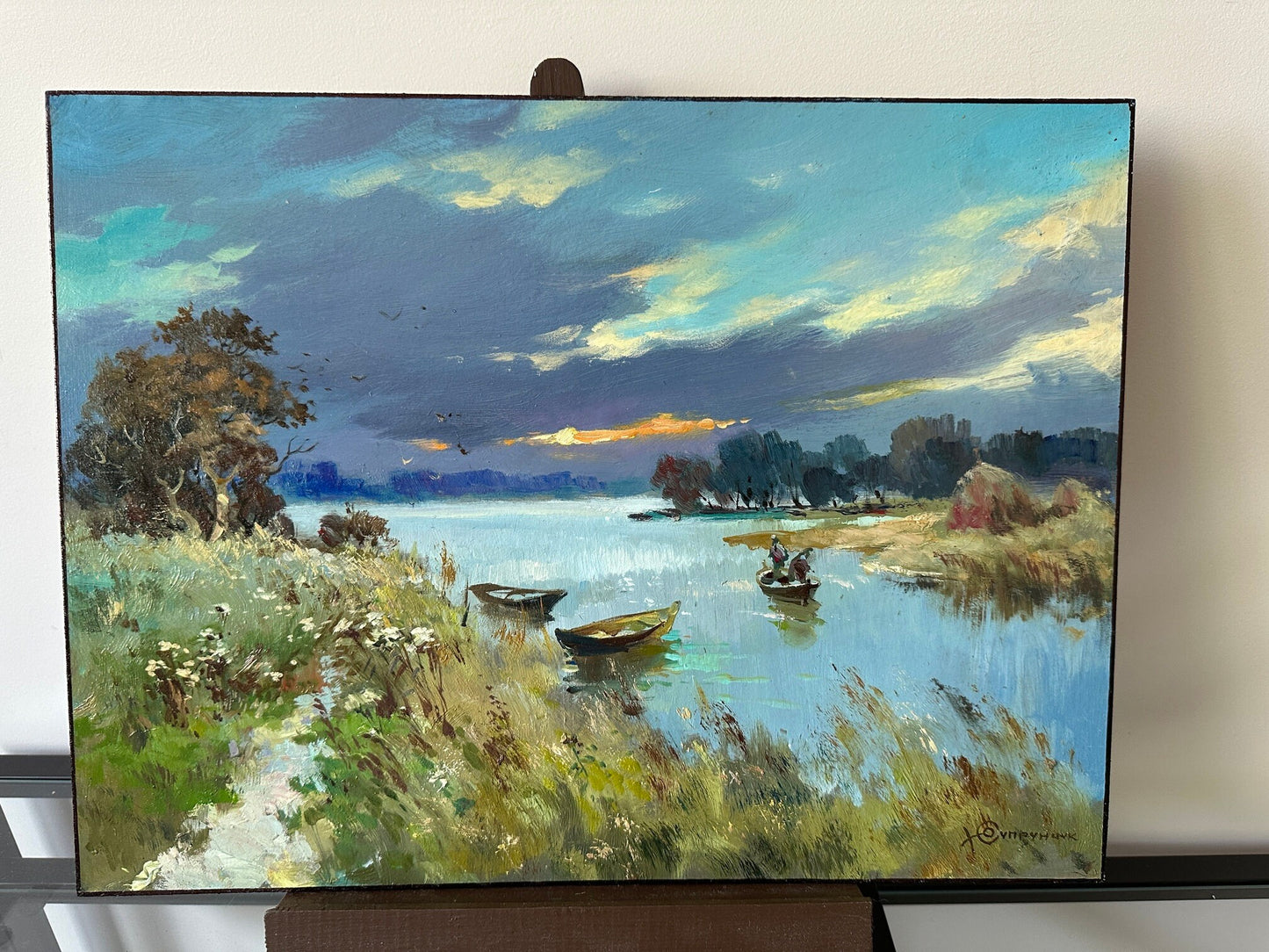 Original painting, gift, ukrainian painting, vintage, wall painting, wall art, landscape, Sunset, Evening fishing, artist Y. Suprunchuk