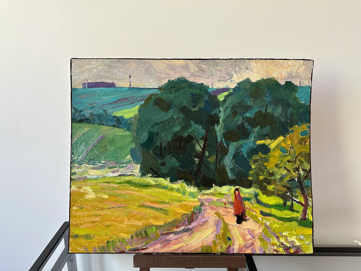 VINTAGE ORIGINAL PAINTING, oil painting, vintage realism, impressionism, landscape, Road to the city, 1977, artist M. Andriychuk