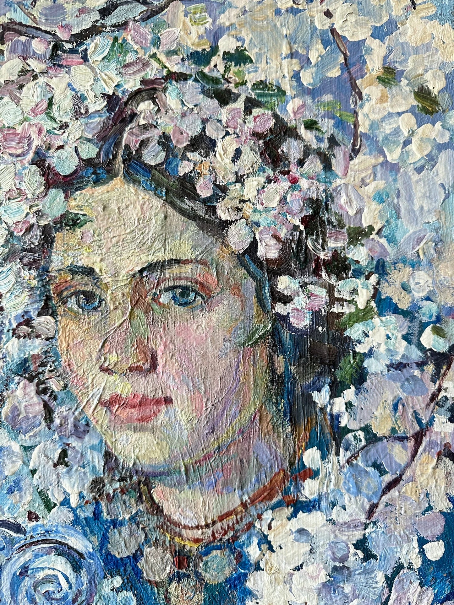 VINTAGE ORIGINAL PAINTING, oil painting, vintage realism, modern painting, portrait, childhood, Blooming garden, 2006, artist O. Titarenko