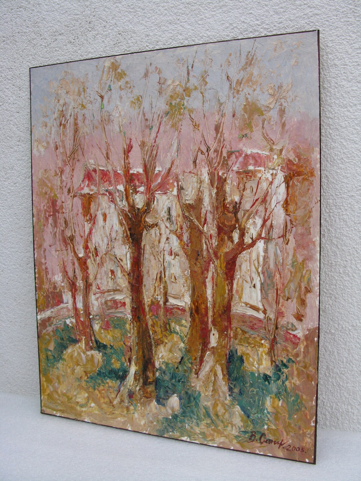 VINTAGE ORIGINAL PAINTING, oil painting, vintage realism, landscape, impressionism, rural landscape, Autumn trees, 2005, artist V. Sanzharov