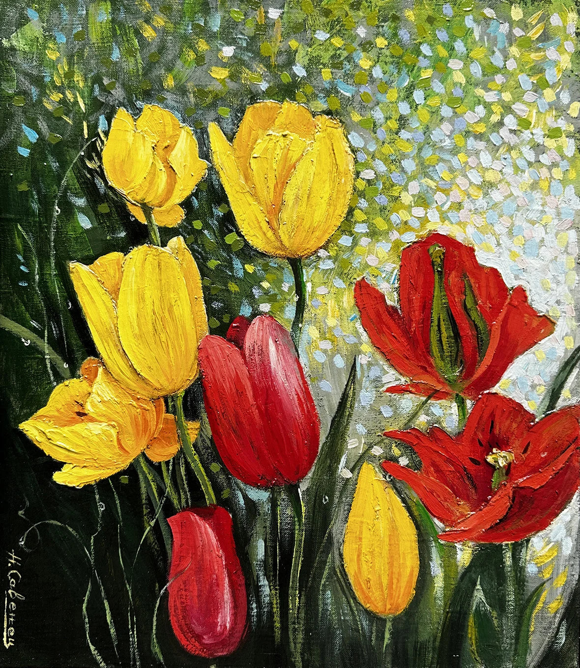 VINTAGE ORIGINAL PAINTING, oil painting, vintage realism, modern painting, impressionism, flowering, Tulips, 2007, artist V. Savenets