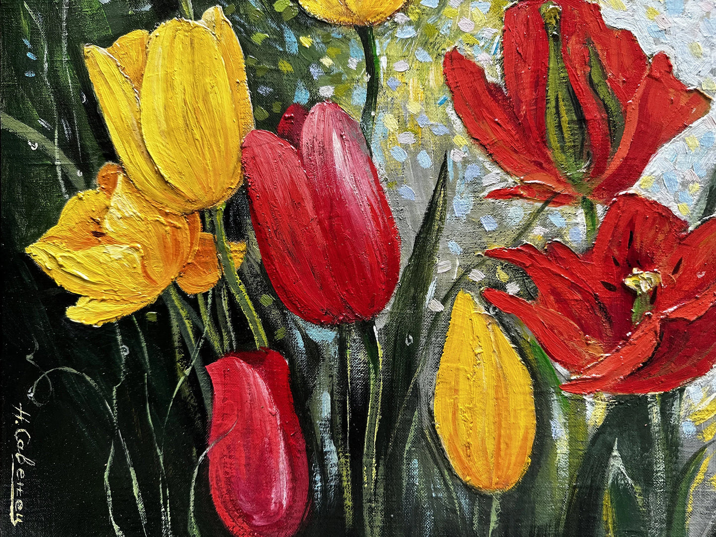 VINTAGE ORIGINAL PAINTING, oil painting, vintage realism, modern painting, impressionism, flowering, Tulips, 2007, artist V. Savenets