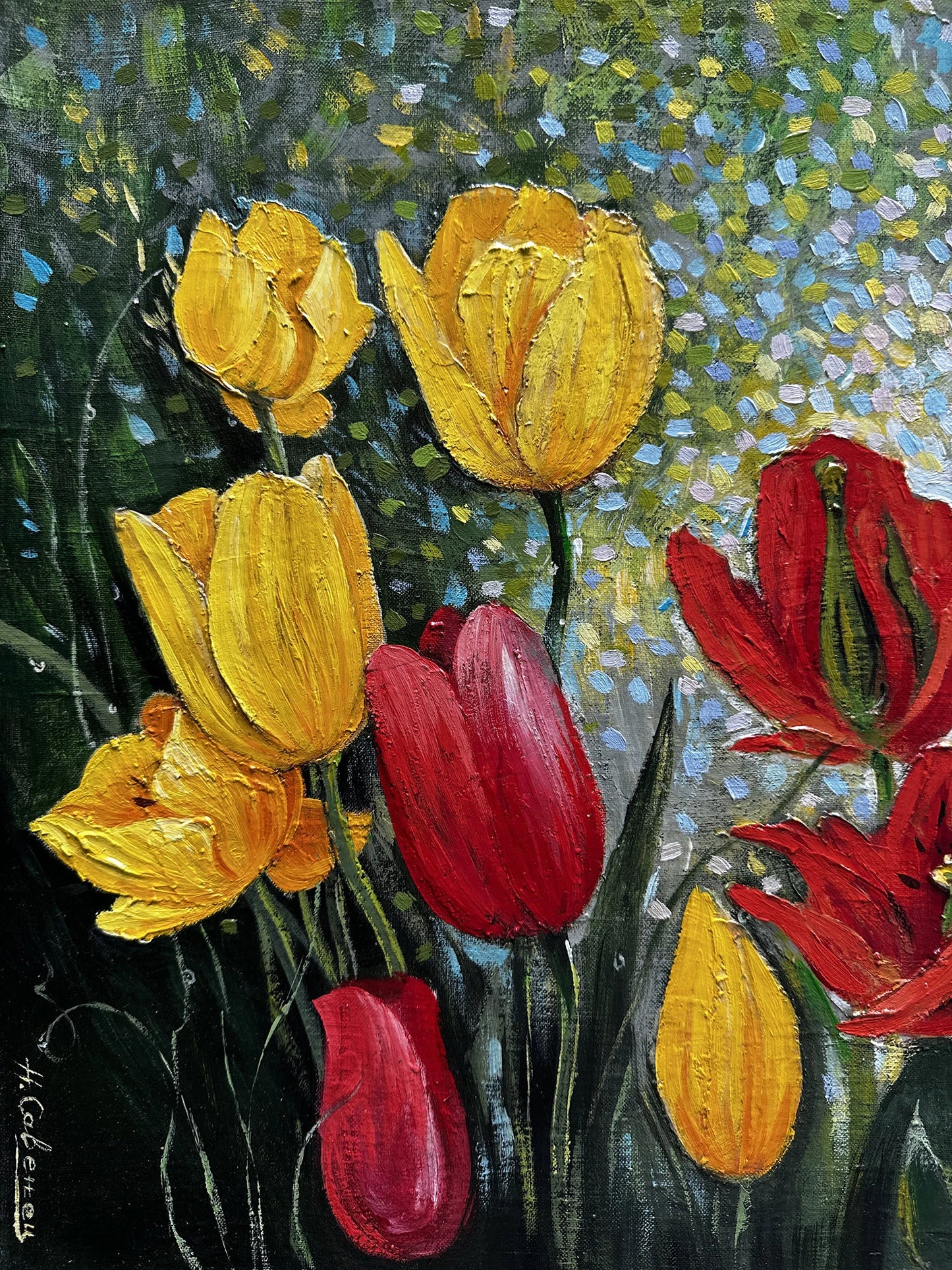 VINTAGE ORIGINAL PAINTING, oil painting, vintage realism, modern painting, impressionism, flowering, Tulips, 2007, artist V. Savenets