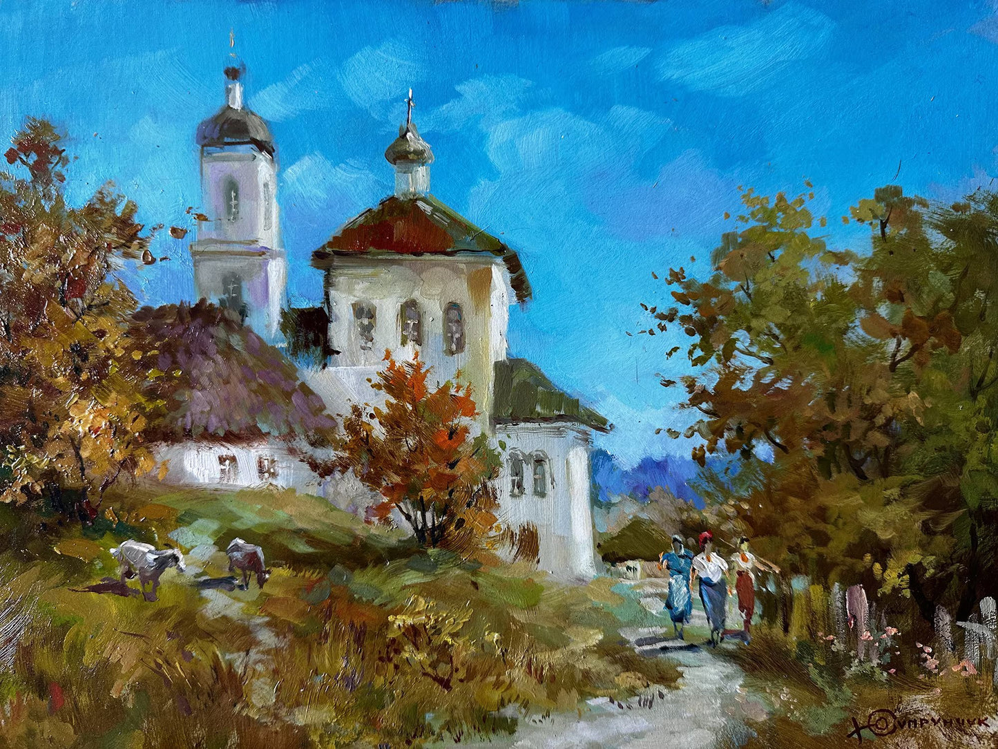 Original painting, gift, ukrainian painting, vintage, wall painting, wall art, landscape, The road from the church, artist Y. Suprunchuk