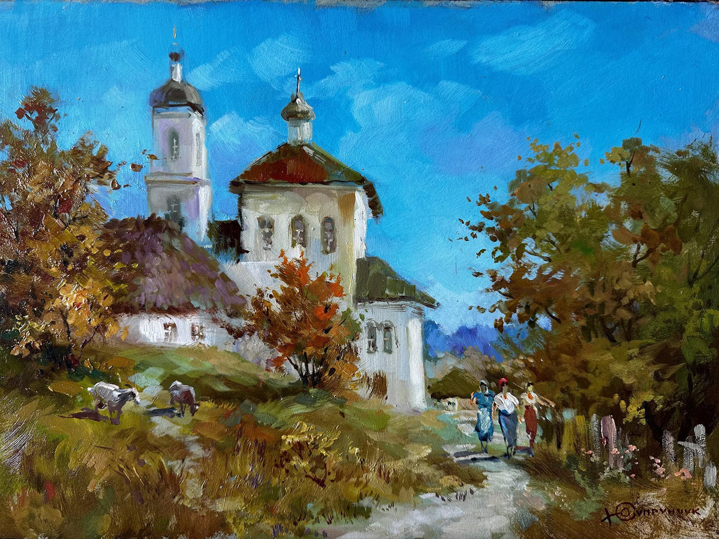 Original painting, gift, ukrainian painting, vintage, wall painting, wall art, landscape, The road from the church, artist Y. Suprunchuk